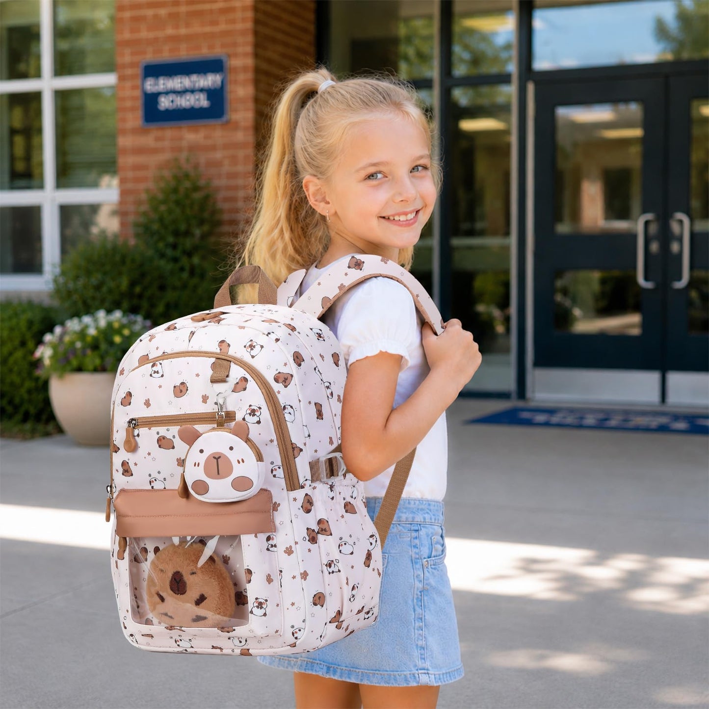 Similove Capybara Theme Backpack for School Girls, 35PCS Kids Backpack Set with School Supplies Stationery Kit Lunch Box Pencil Case, Cute Girls Bookbag for Kindergarten Elementary Student