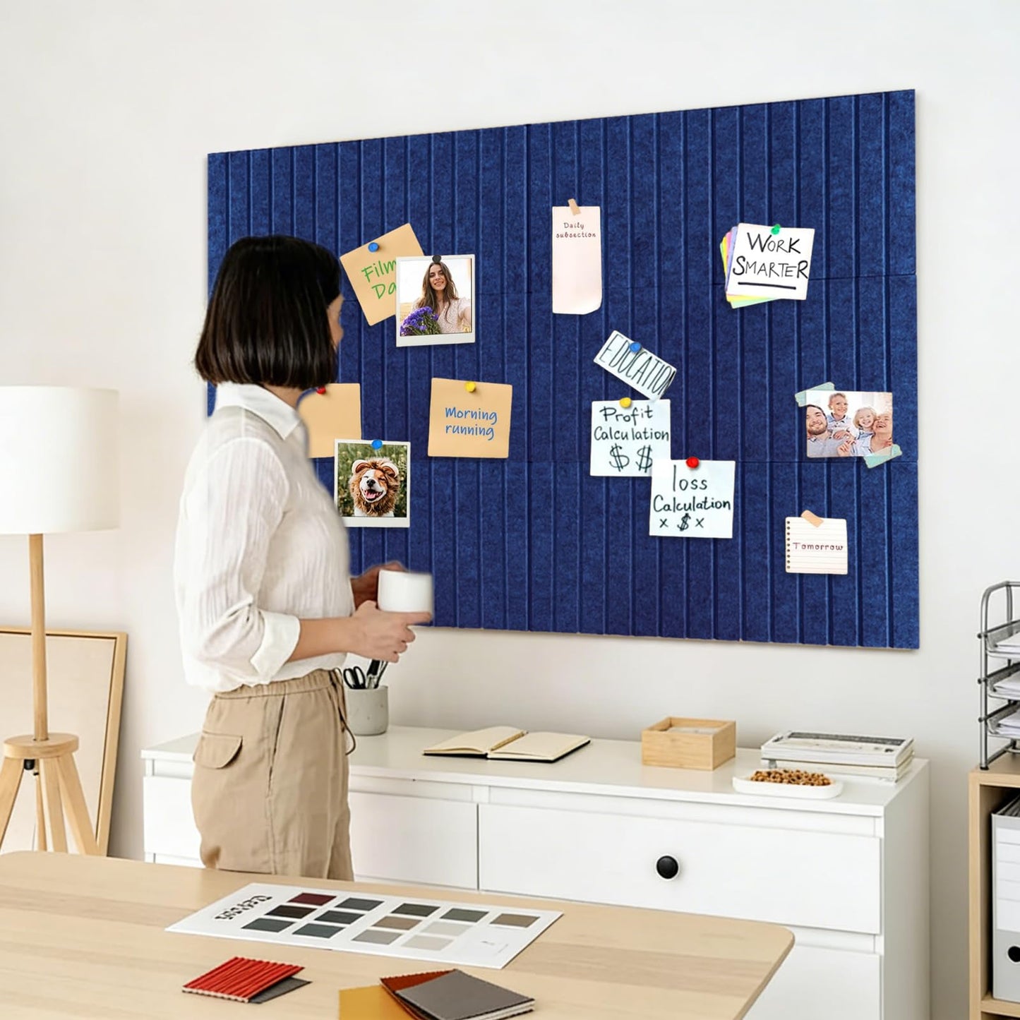 15 Pack Felt Bulletin Board, 35" x 59" Large Royal Blue Pinboard with 30 Push Pins, Felt Pin Board, Self-Adhesive Cork Board Tiles for Home, Office Walls, School Classroom Message Photos Display