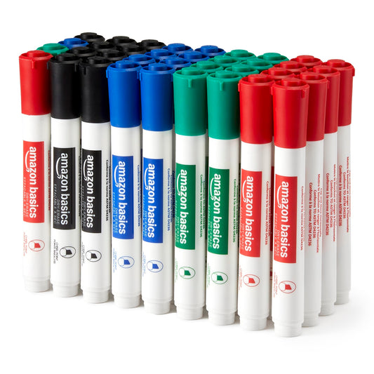 Amazon Basics Low-Odor Dry Erase Whiteboard Markers, Chisel Tip, Quick-Dry, 4 Assorted Colors, 36-Pack