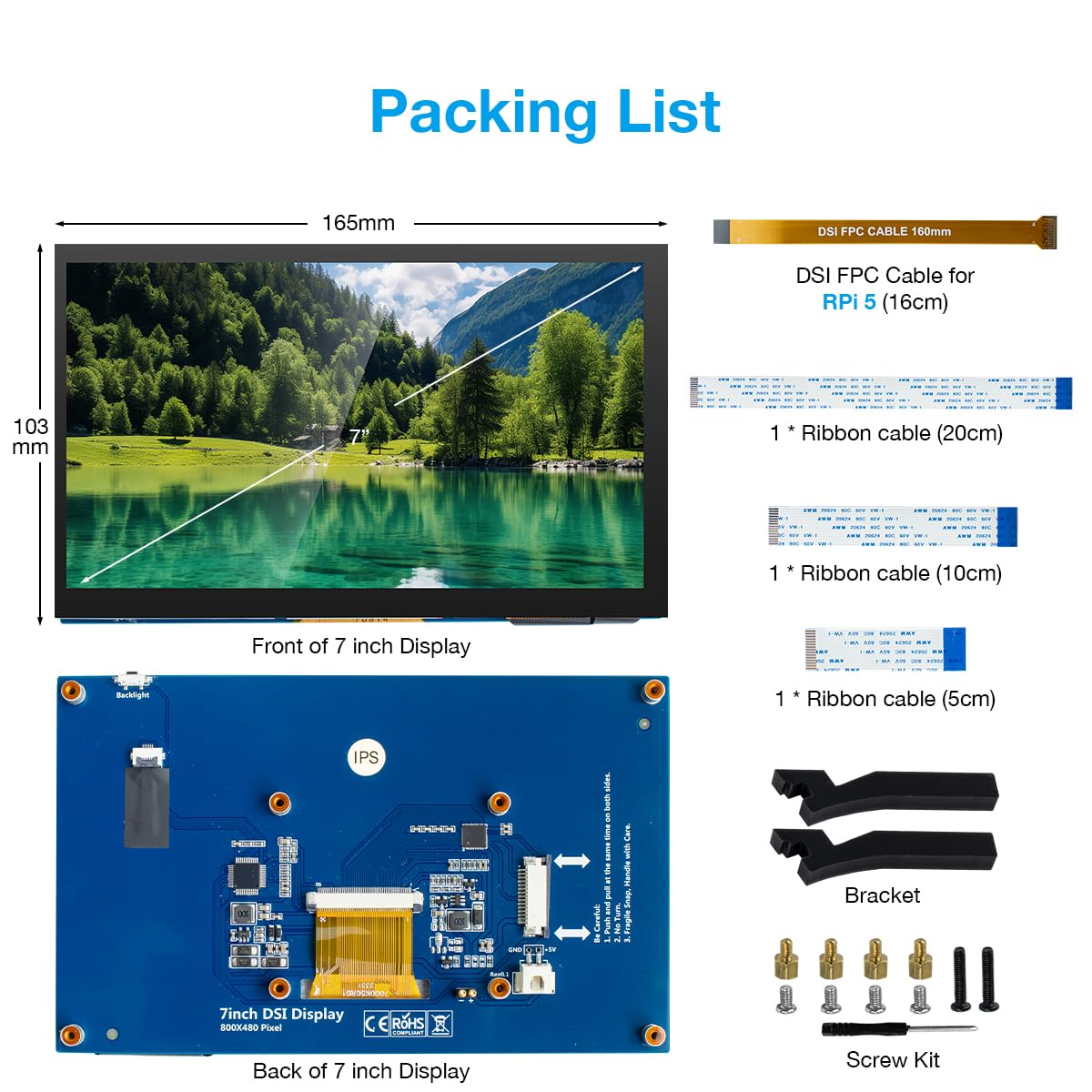 Hosyond 7 Inch Touchscreen IPS DSI Display Compatible with Raspberry Pi 5/4/3, 800x480 Pixel Capacitive Screen MIPI Driver-Free Interface
