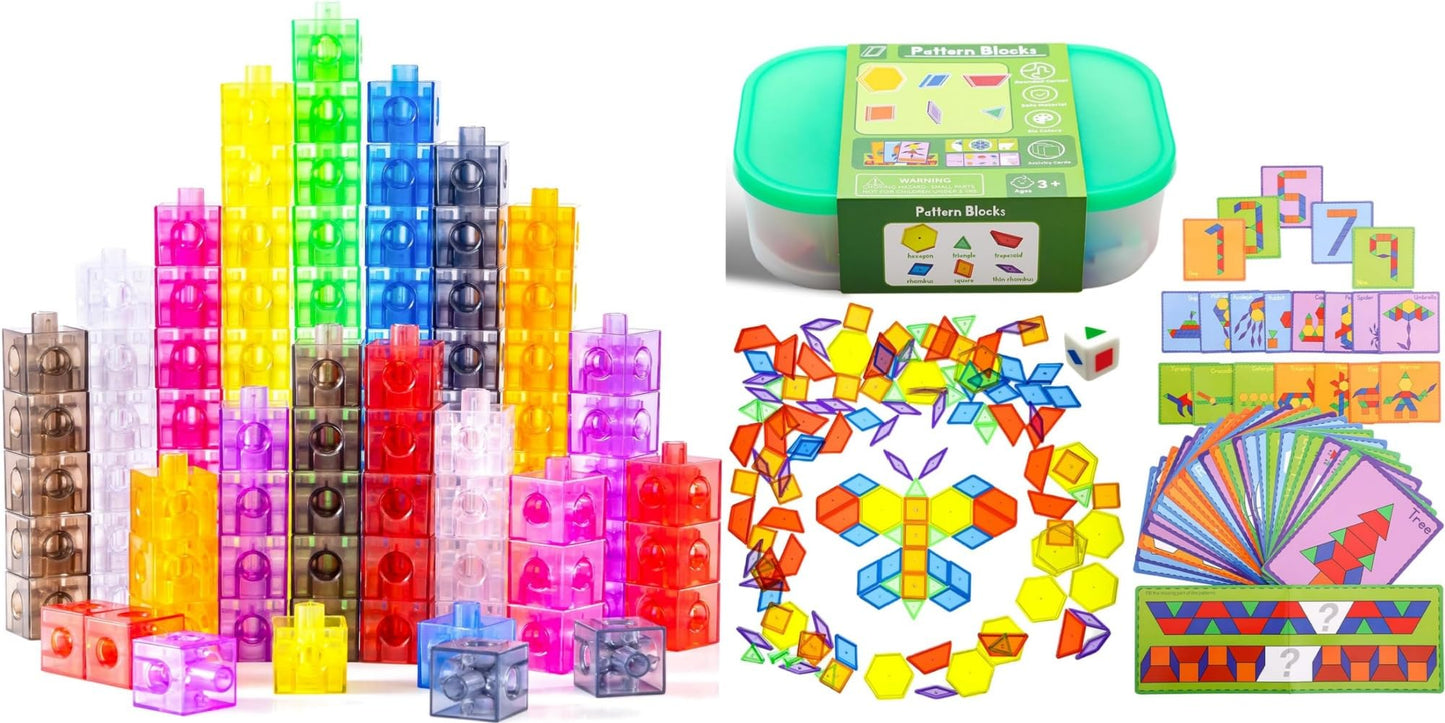 Odoorgames Translucent Math Blocks, Engaging Math Toy - 140 Pcs Translucent Pattern Blocks,Geometric Shapes,Translucent Toys