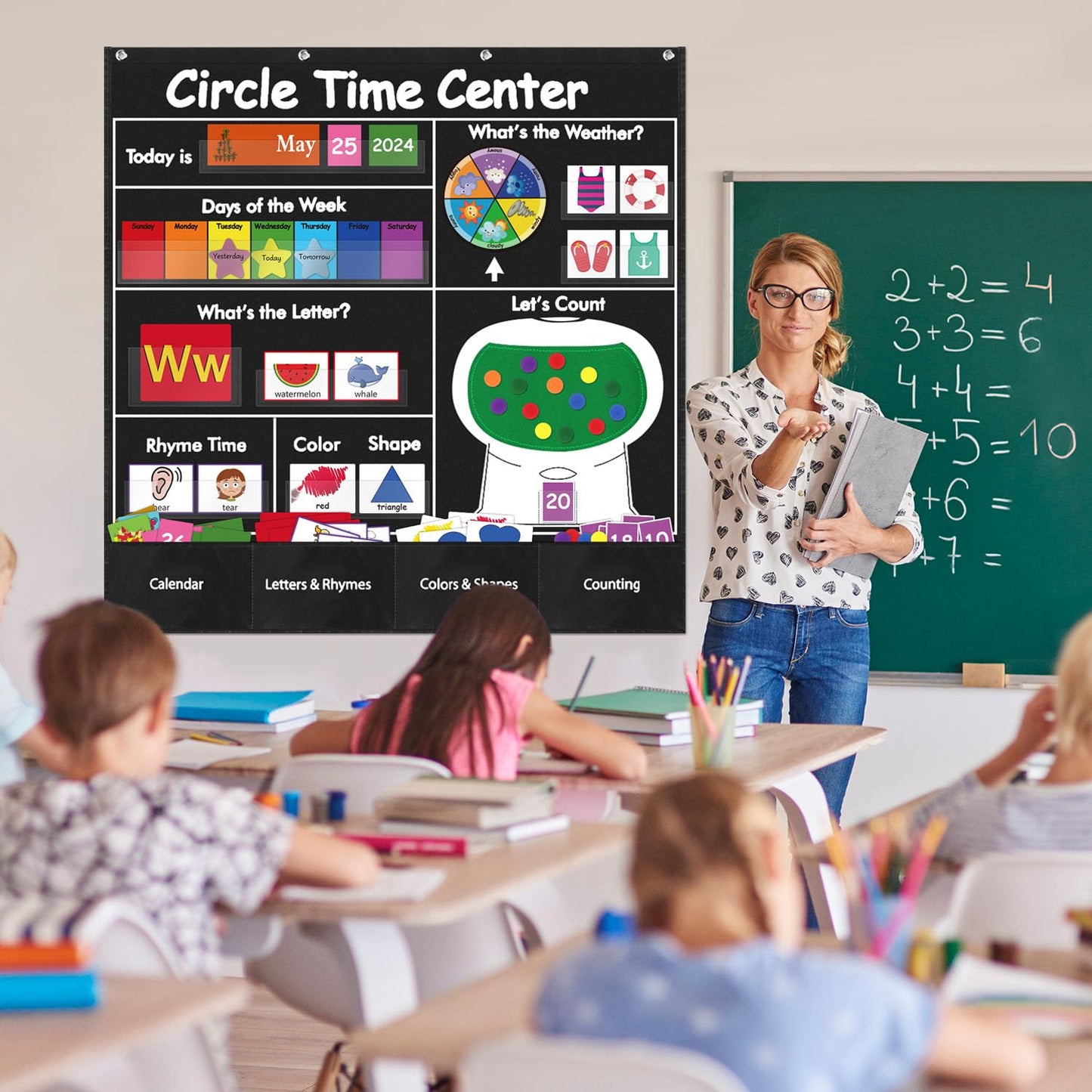 BOHEMIABY Circle Time Learning Center Classroom Pocket Chart Preschool, Educational Pocket Chart Teaching Materials, Learning Calendar Weather Counting Letter Color, Circle Time Learning Center Black