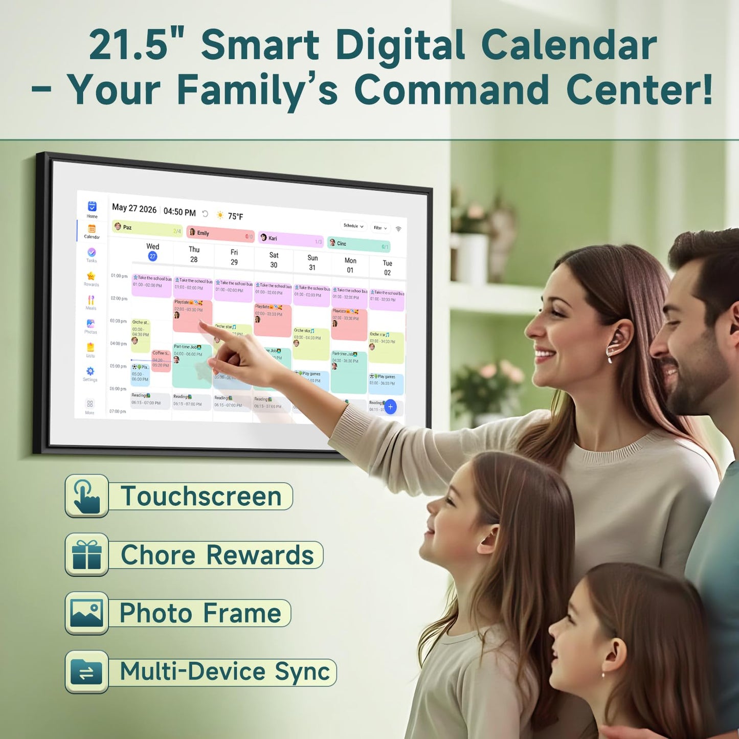 Digital Calendar 21.5 Inch with Chore Rewards – Smart Electronic Family Organizer, Touchscreen Wall Calendar, Meal Planner & Photo Frame, Syncs with Google/iCloud, for Wall or Desk, Black