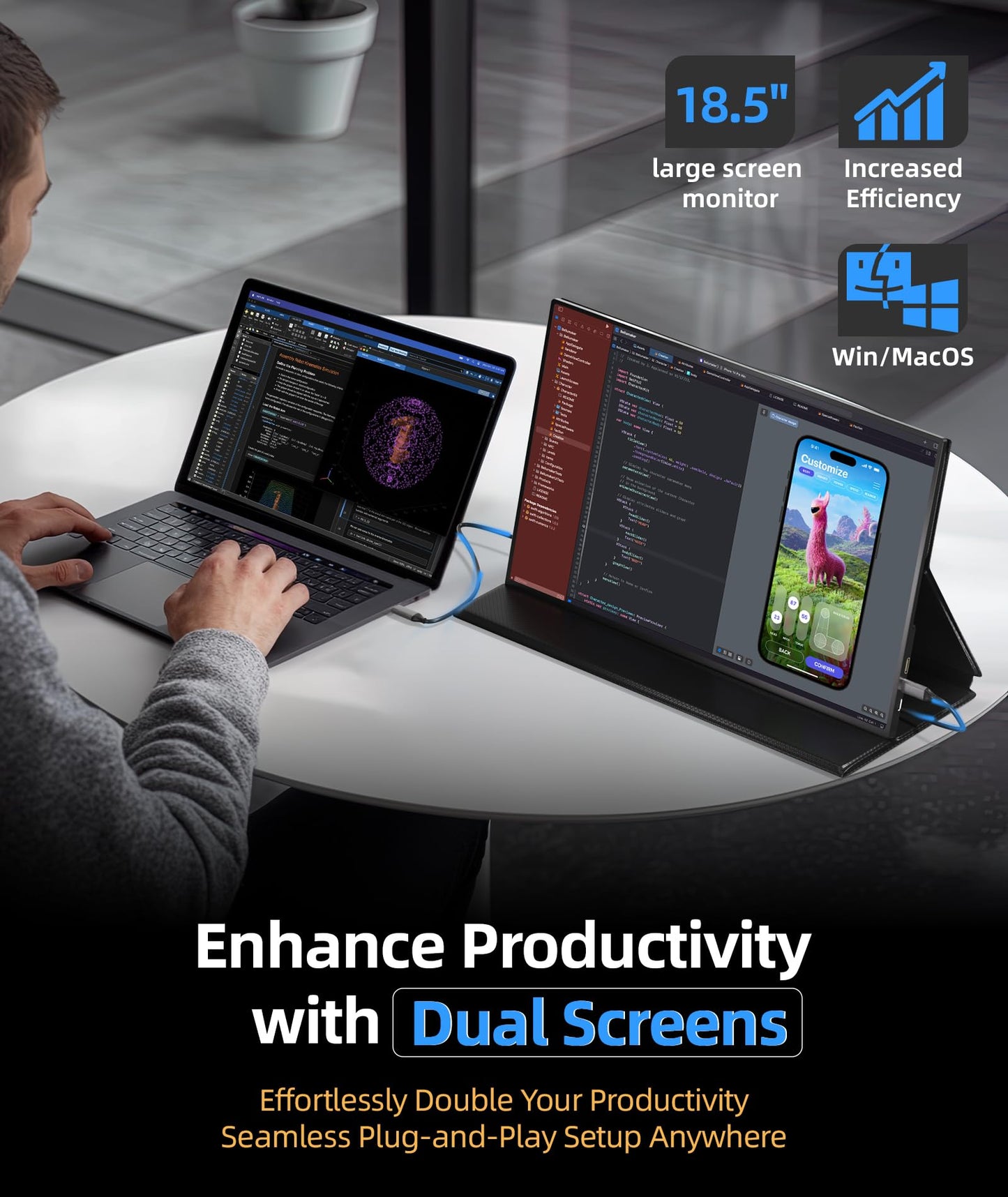 Ingnok Portable Monitor, 18.5 Inch FHD 1080P 100% sRGB Laptop Screen Extender USB C HDMI Portable Gaming Monitor w/Smart Cover & Speakers, External Monitor for Laptop Mac PC