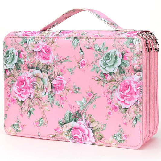 Vomgomfom 200 Slots Pencil Bag, 4-Layer Zipper Portable Art Supply Organizer, PU Leather Large Capacity Colored Pencil Case with Handle for 200 Watercolor Pens, Gel Pens (Pink Rose)