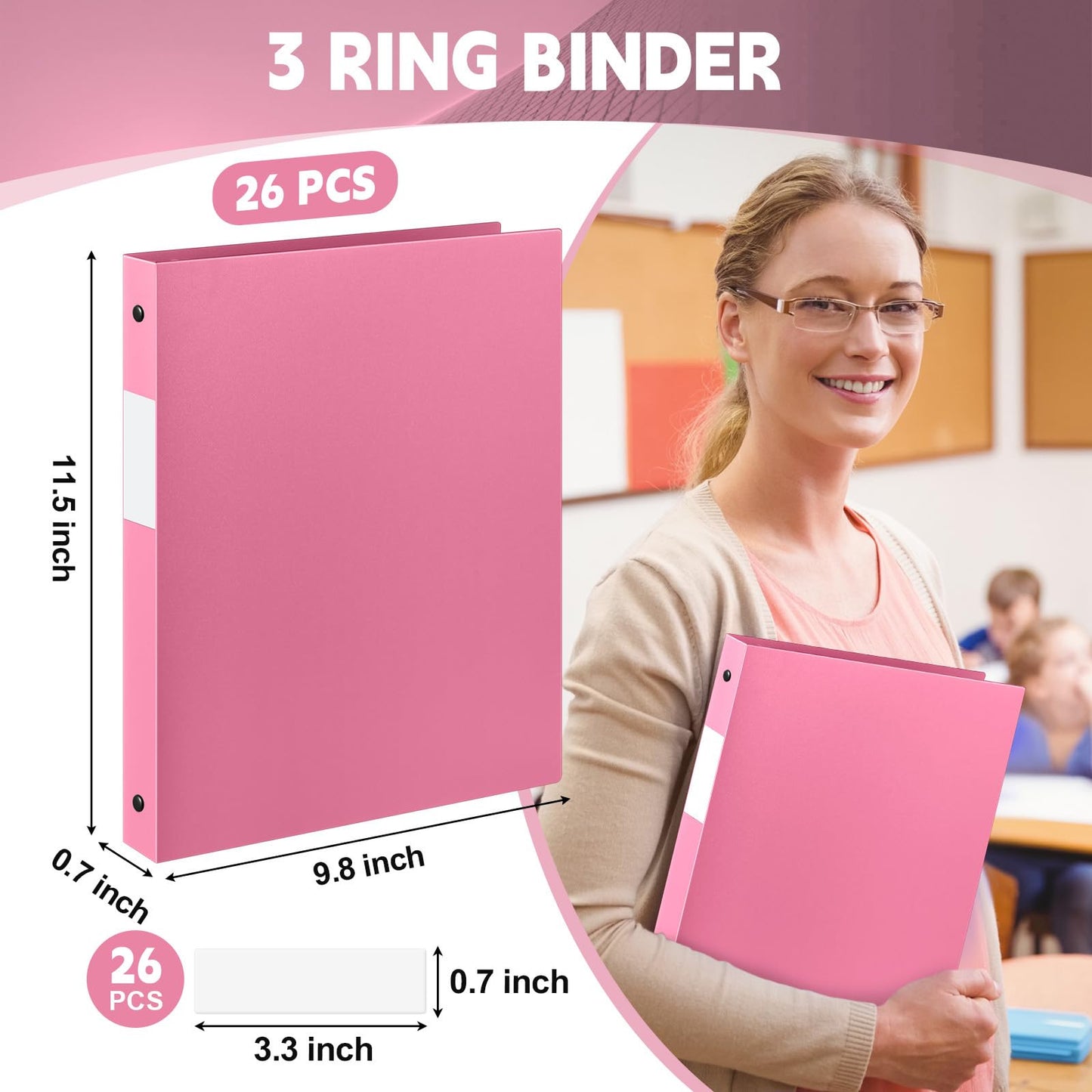 Henoyso 26 Pack 0.5 Inch Plastic 3 Ring Binder Round Ring, Bulk 1/2 Inch Flexible Binders Hold 140 Sheets Letter Size with Pocket, Document Organizer for Back to School Classroom Office (Pink)