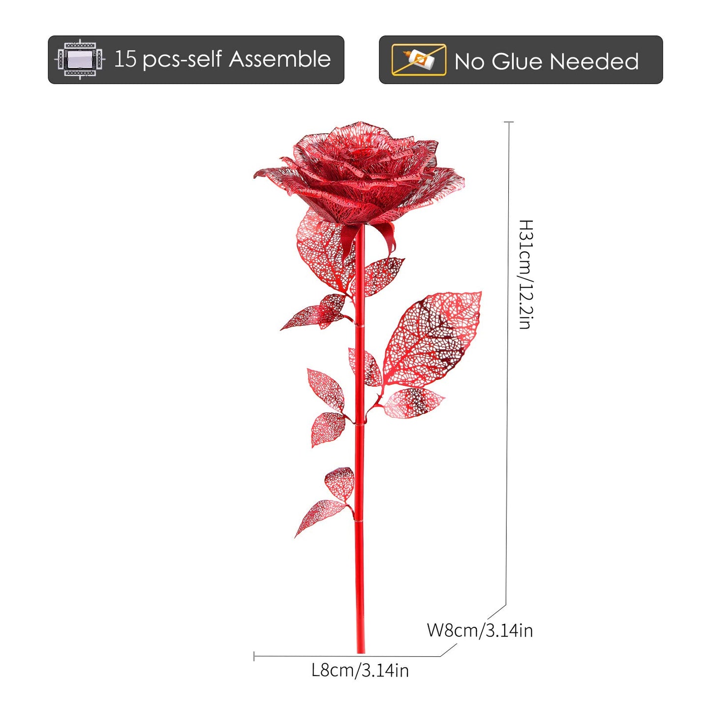 Piececool 3D Metal Puzzles Rose Flower Model Kits, Artificial Fake Flowers Metal Building Kit DIY 3D Puzzle for Adults, for Father Mothers Valentines Day, 15Pcs