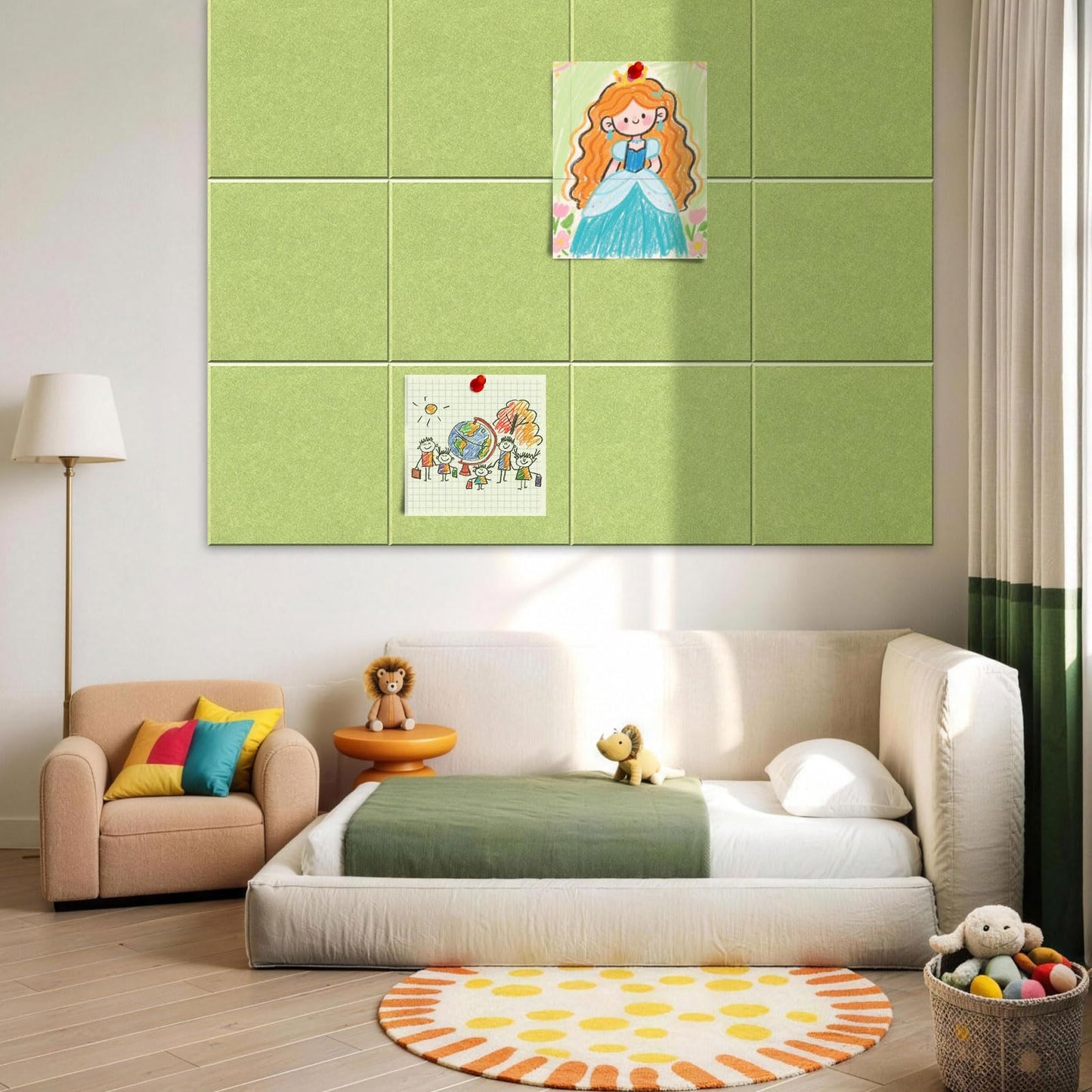 MISSDAY Green Acoustic Wall Panel Large Felt Bulletin Board 48" x 36" Cork Board for Wall, 12-Pack Boards with 72 Adhesive Tabs, 50 Pins, Pin Board for Home Office Classroom Soundproof Wall Tile