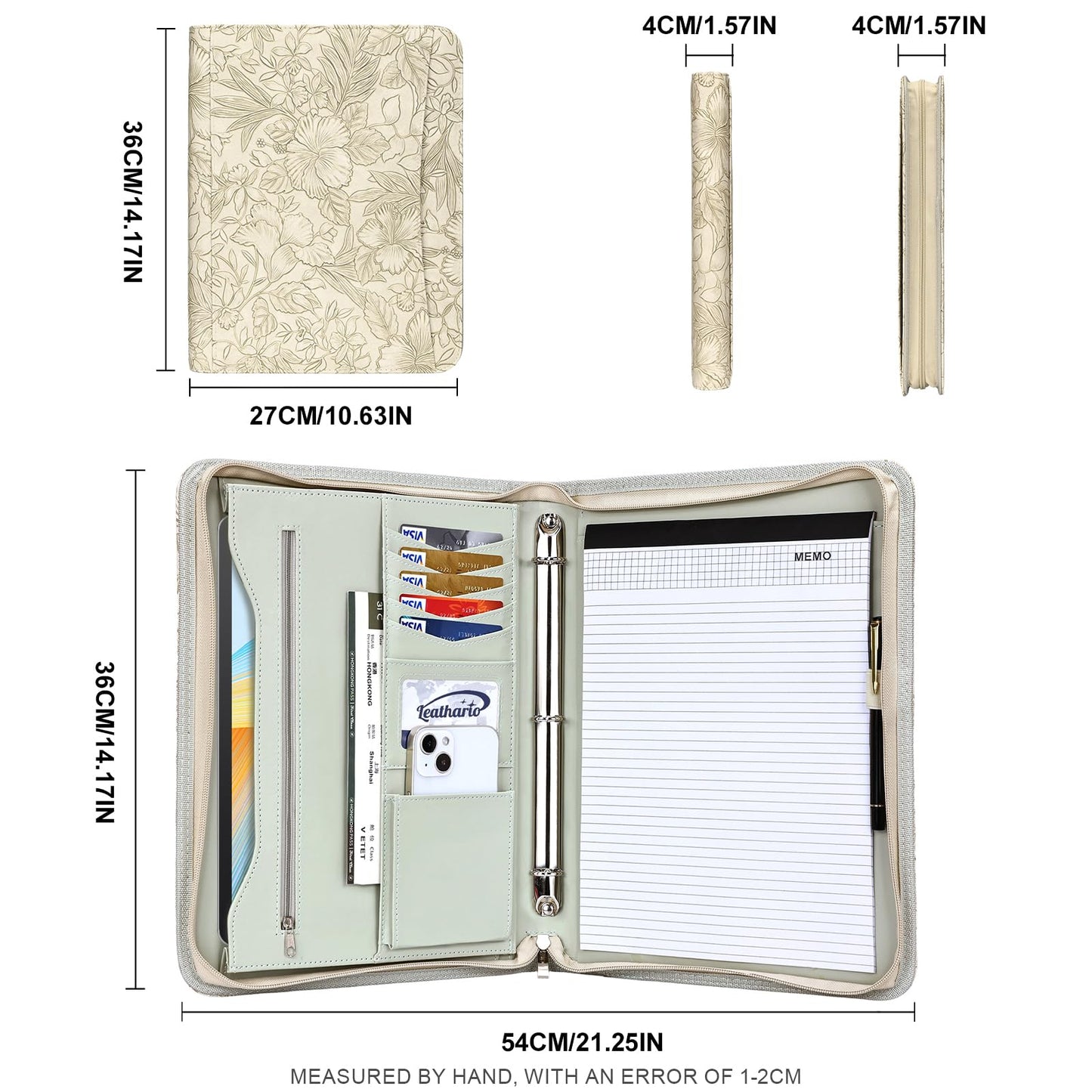 Leathario Portfolio Binder, Includes 5 Folder Index Dividers and 3 Notepads, 3-Ring Folder Organizer, Padfolio with Zipper, Vegan Leather Tablet Sleeve, Business Office Conference Clipboards
