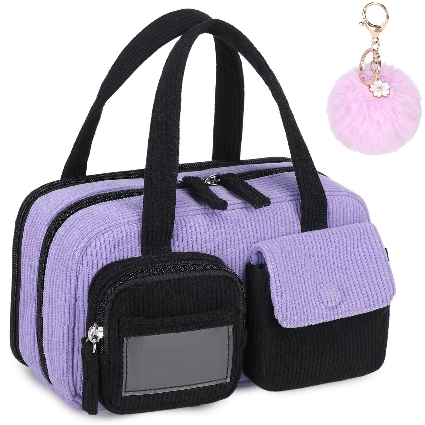 QIXIHU Pencil Case for Kids Girls Makeup Bag Women Cute Corduroy Pencil Bag with 5 Compartments Pencil Pouch Organizer Aesthetic School Supplies, Black Purple