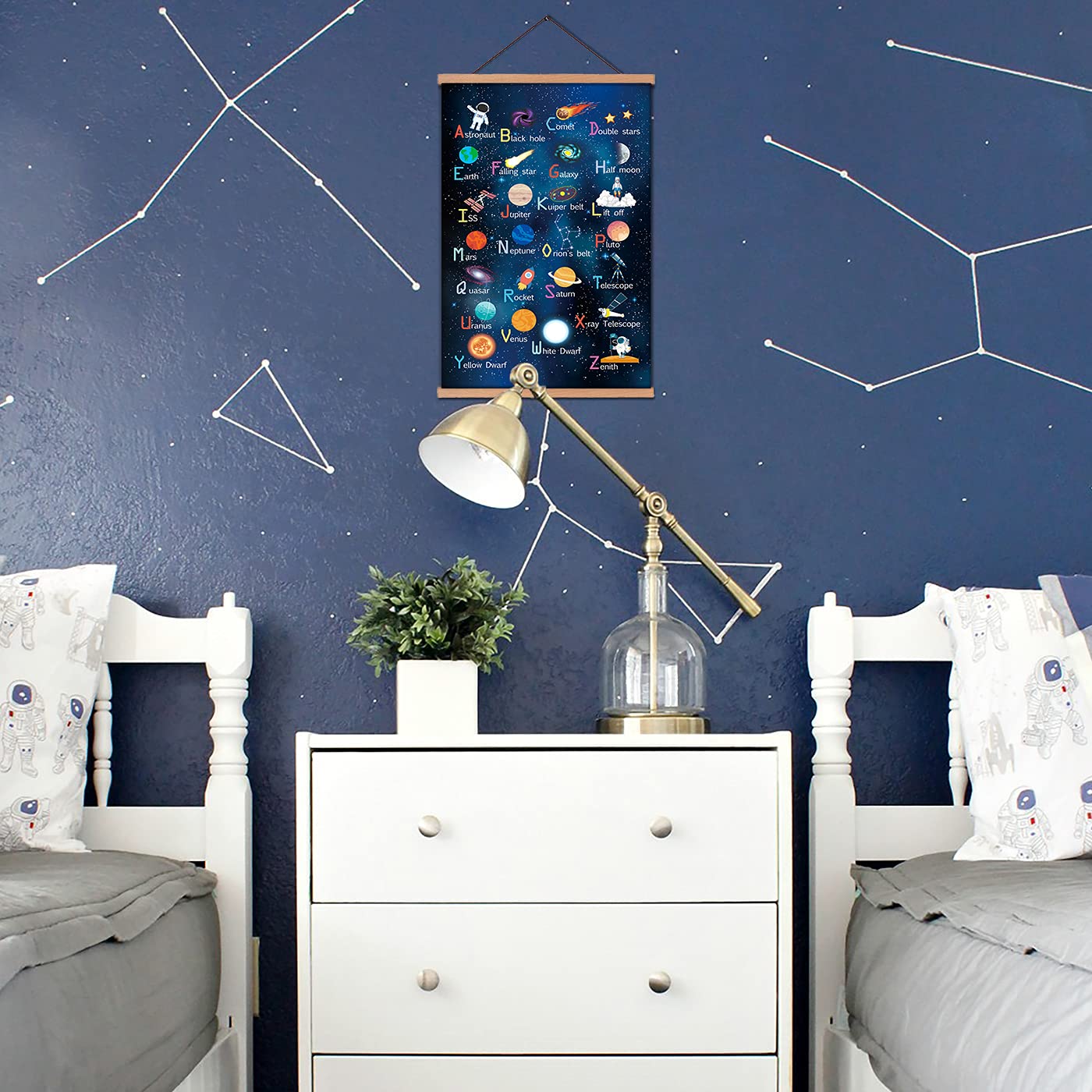 Outer Space Art Print With Wood Magnetic Poster Hanger Frame, Astronomy Alphabet Letters Canvas Wall Art ,Abstract Universe Educational Poster,35X56CM Hanging Painting For Home kids Classroom Decor
