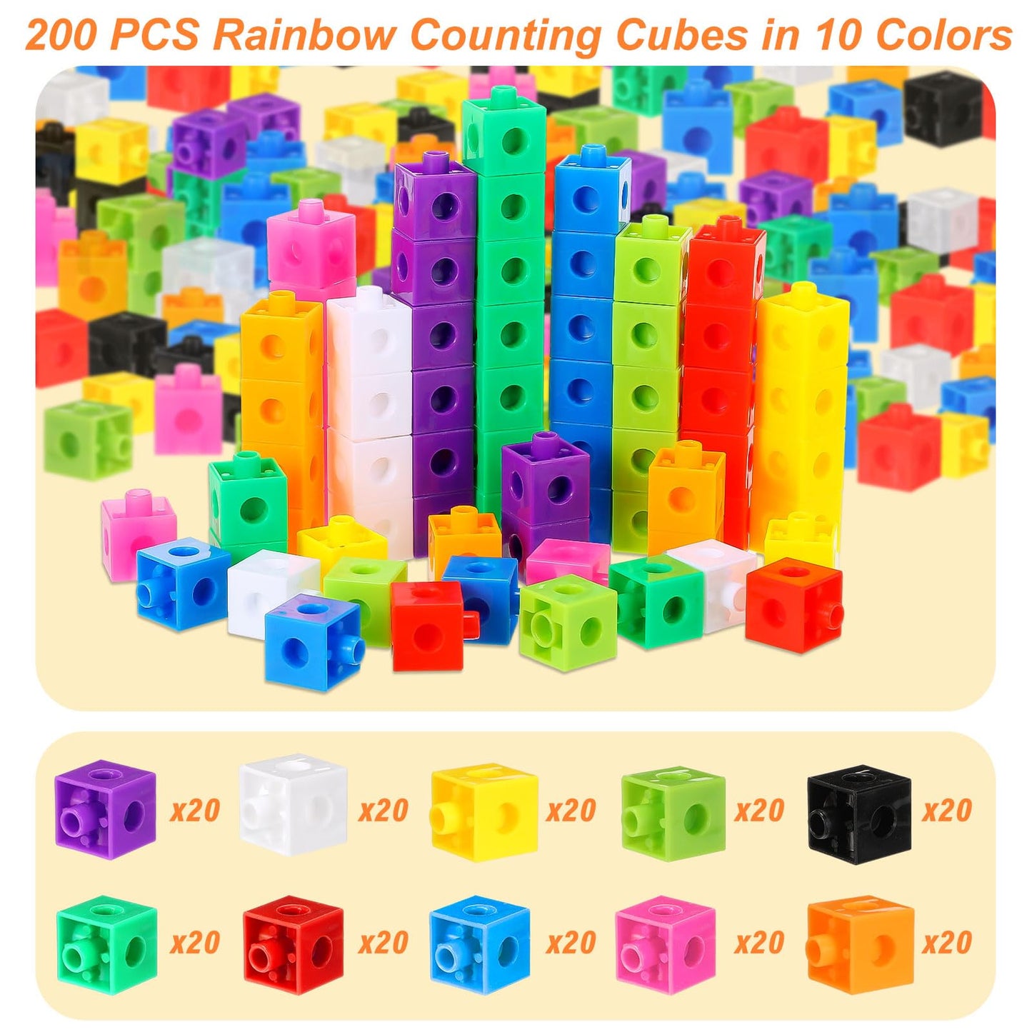 Jenaai 200 Pieces Linking Cubes for Math Counting Cubes, Plastic Counting Blocks, Colorful Math Manipulatives Classroom Learning Supplies for Preschool Activities Boy Girl(Classic Style)