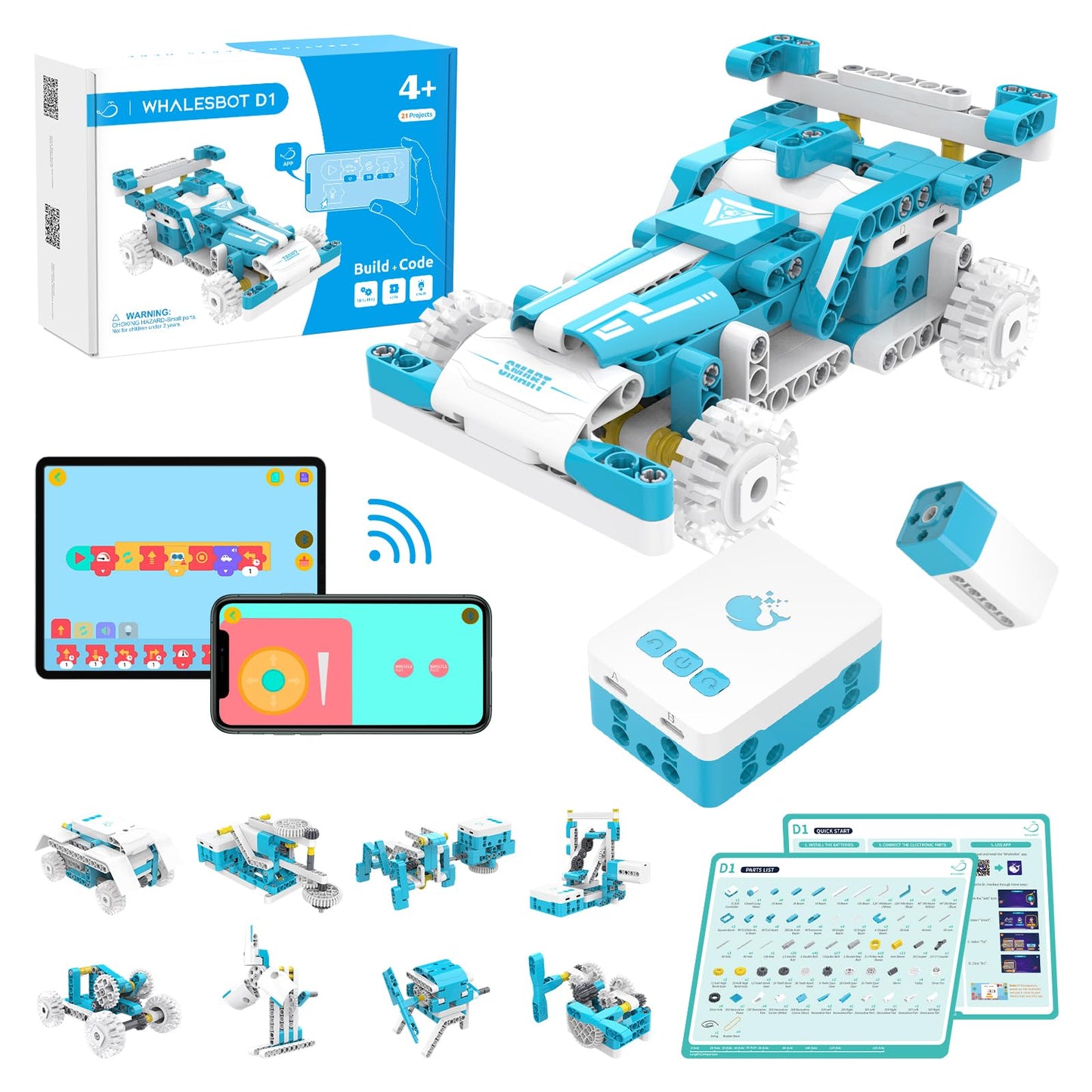 WhalesBot D1 21-in-1 STEM Coding Robot Kit for Kids (Ages 4+), 280+ Pieces Educational Building Set with APP-Controlled & Programming, 3D APP Guidance, Ideal Toy for Boys & Girls