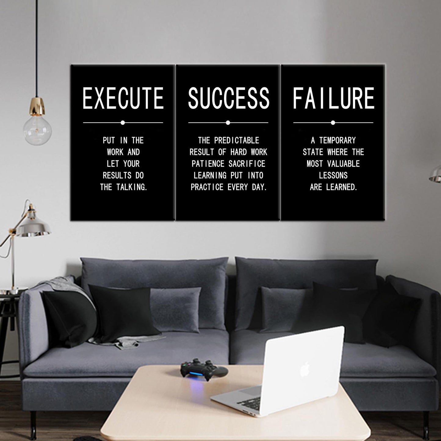 Success Quote Canvas Painting Wall Art Inspirational Wall Art Execute Failure Definition 3 Pieces Black Poster Positive Motivational Framed Artwork Prints Picture for Living Room Office [72''Wx 36''H]