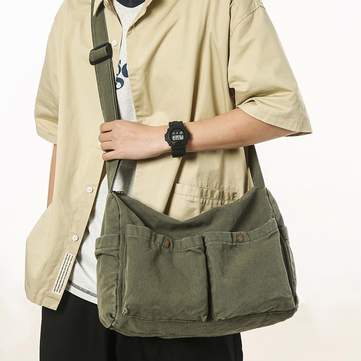 KBTYE Canvas Messenger Bag Cute Crossbody Tote Bag Shoulder for Women Men for School Aesthetic Hobo with Multiple Pockets(Green)