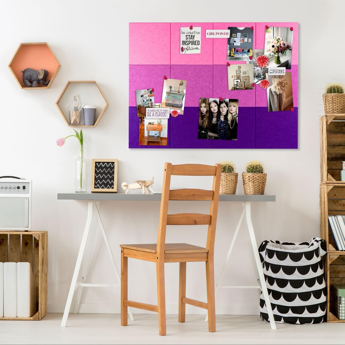 Large CorkBoard - 48x36 inches, 12 Felt Board Tiles with Removable Adhesive Tape Cork Boards for Walls Cork Board for Office Pin Board Bulletin Board (30x30, Magenta Ombre Collection)