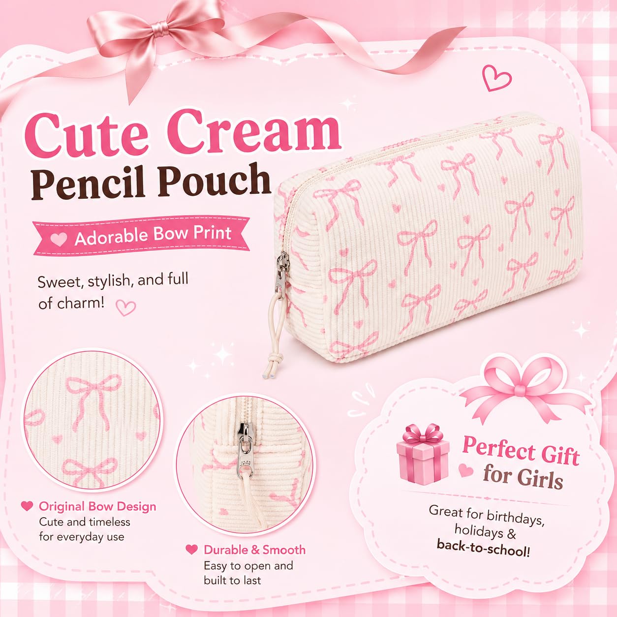 LEDAOU Cute Pencil Case for Kids Girls Boys Pencil Pouch kawaii Pen Pencil Box Bag Holder for School Students (Corduroy Pink Bow)