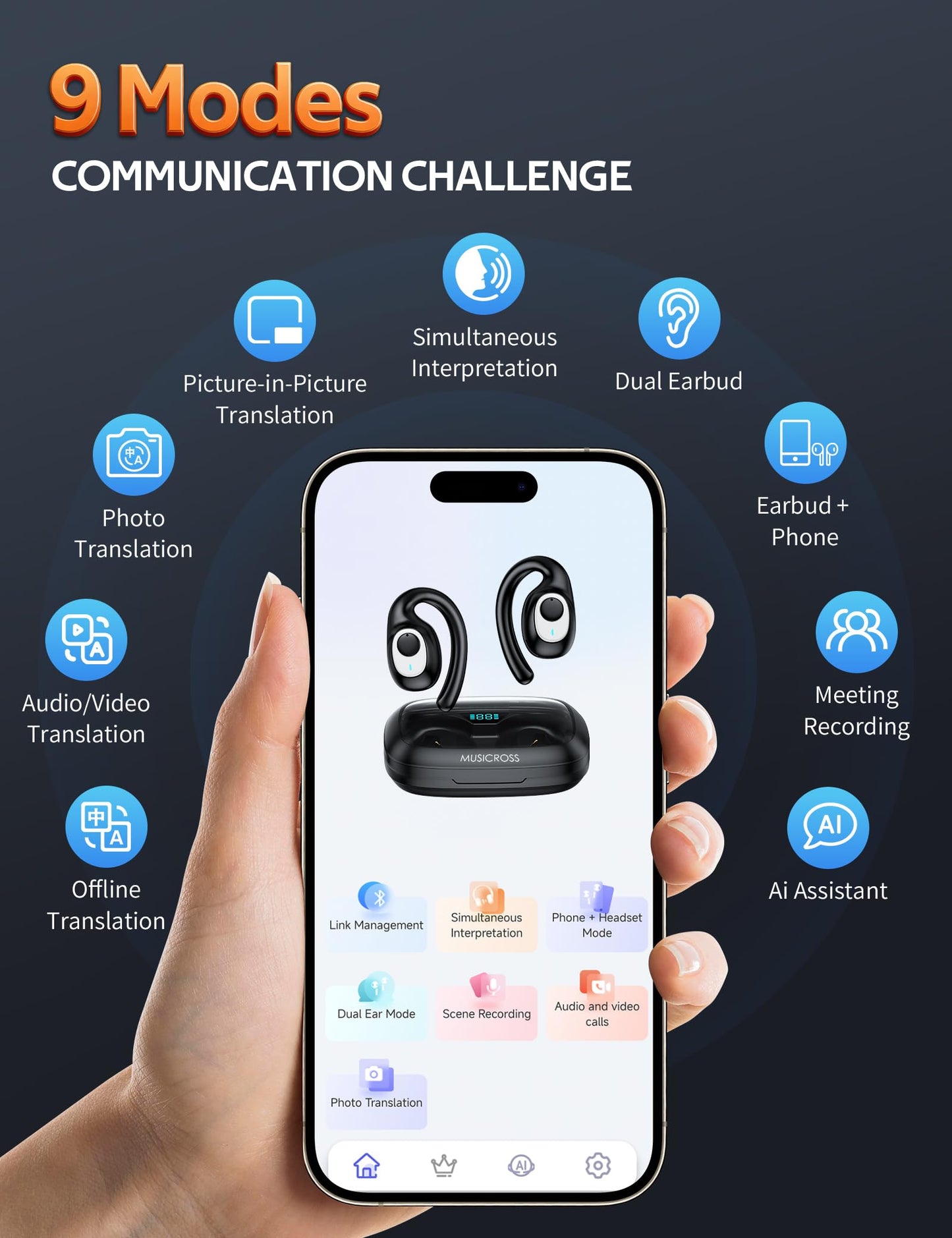 MUSICROSS Ai Translation Earbuds Real Time 144 Language Translator Earbuds Audifonos Traductores Inglés Español 4 in 1 Translator Device with 9 Working Modes for Travel Business Learning Black
