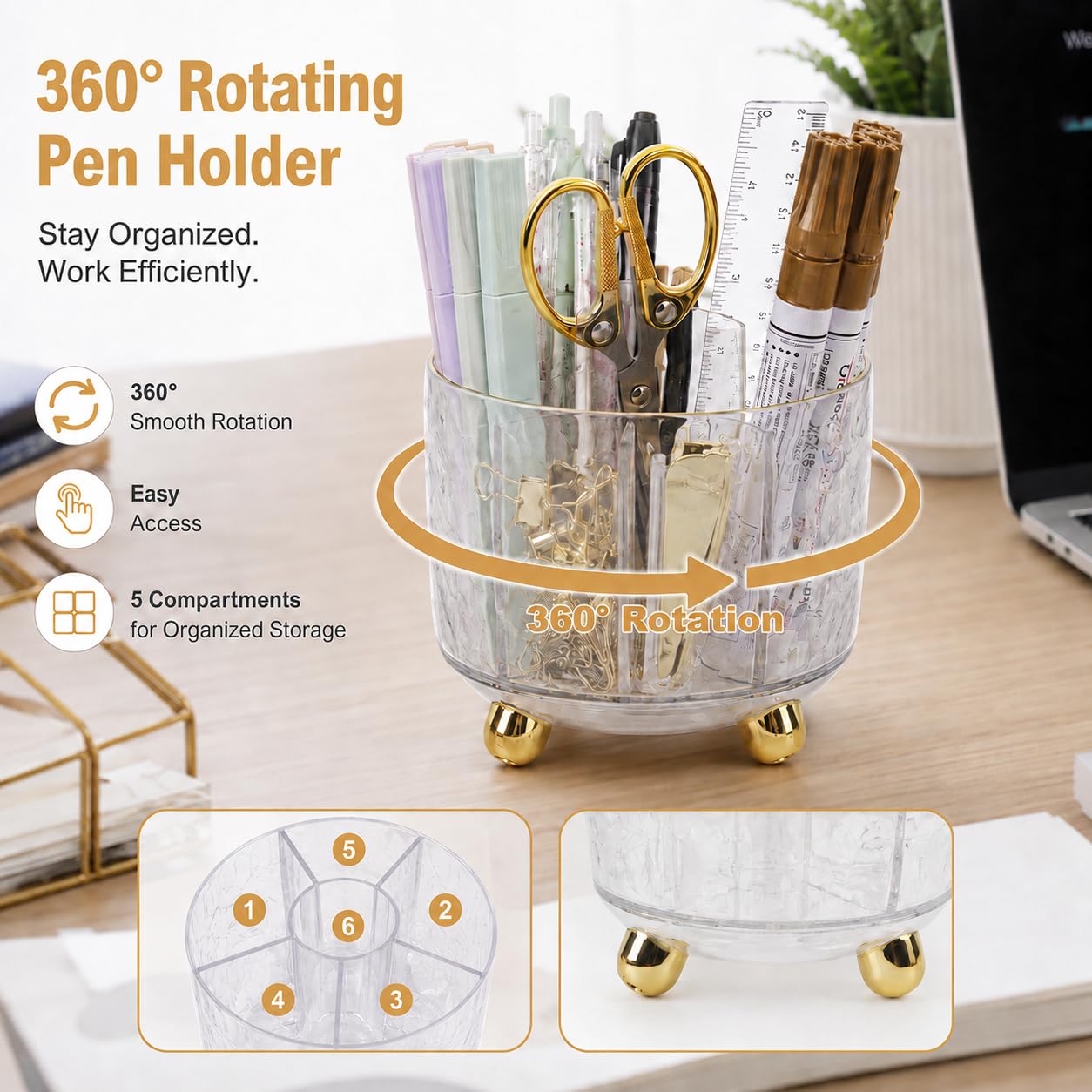Office Desk Accessories Supplies - 11 Pcs Gold Desk Decor Set with 360-Degree Rotating Pen Holder, Women Cute Aesthetic Office Essentials Kit, Stapler Tape Dispenser, Acrylic Gift for School Home Work