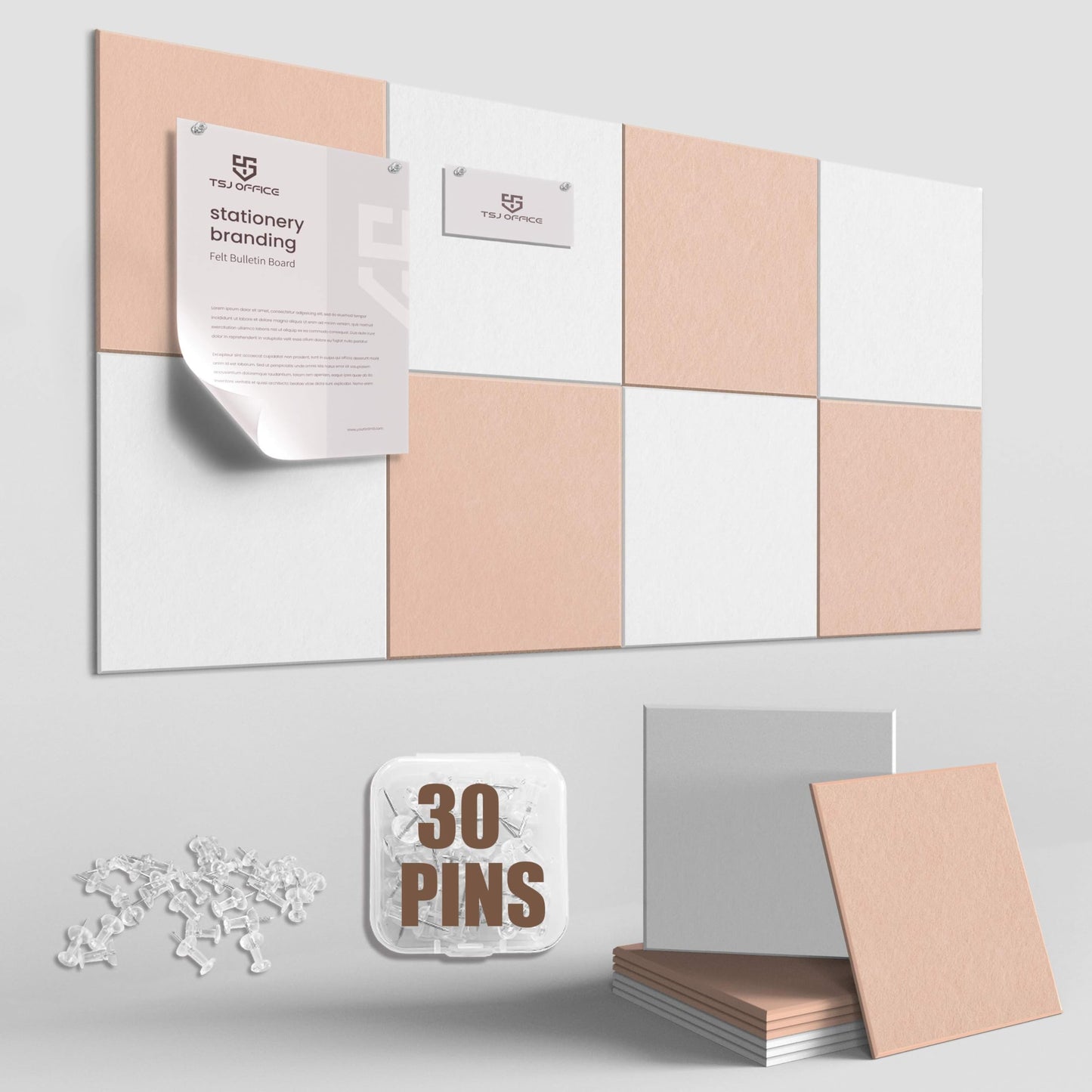 TSJOFFICE Large Cork Board for Wall - 48" x 24" Bulletin Board with 30 Pushpins for Office Decor, Pin Board 8 Pack Felt Tiles with Safe Removable Adhesive Tabs, Corkboard for Home - Cinnamon & White
