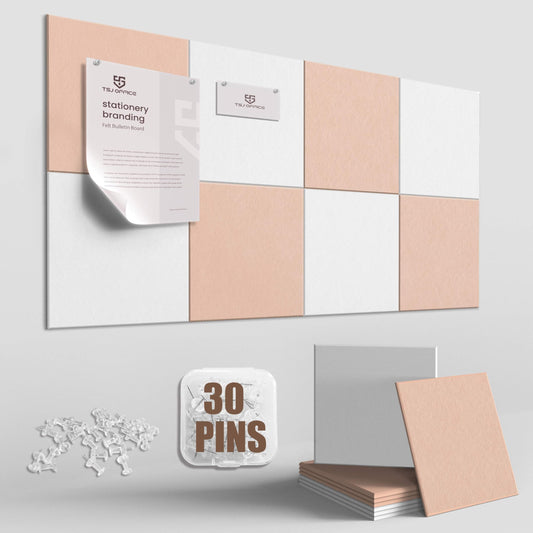 TSJOFFICE Large Cork Board for Wall - 48" x 24" Bulletin Board with 30 Pushpins for Office Decor, Pin Board 8 Pack Felt Tiles with Safe Removable Adhesive Tabs, Corkboard for Home - Cinnamon & White