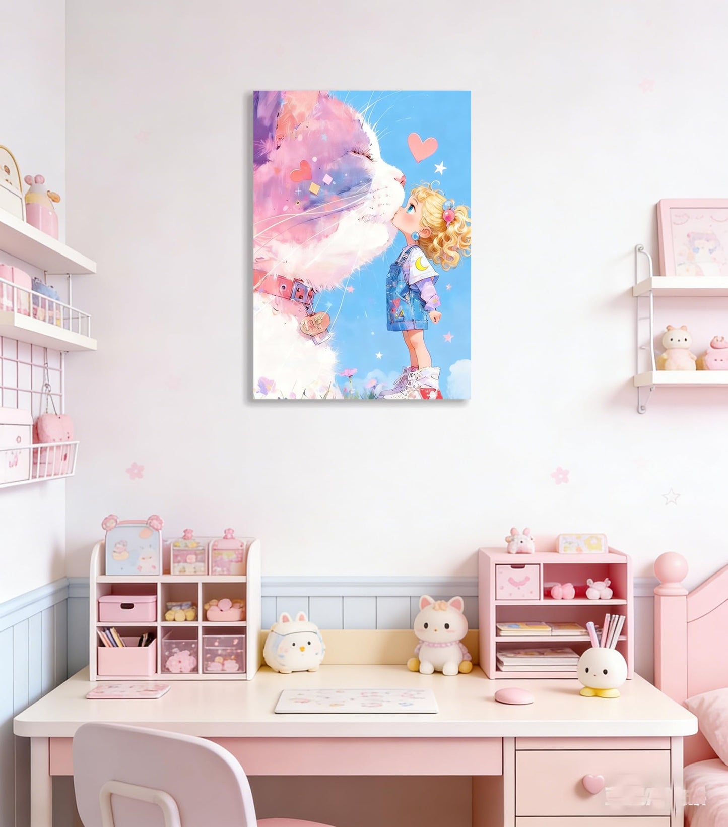 16x24 Giant Pink Cat Kissing Little Girl Canvas Wall Art - Cute Whimsical Kids Kawaii Room Decor, Pastel Dreamy Nursery Wall Poster, Cartoon Framed Animal Artwork for Bedroom Bathroom Living Room