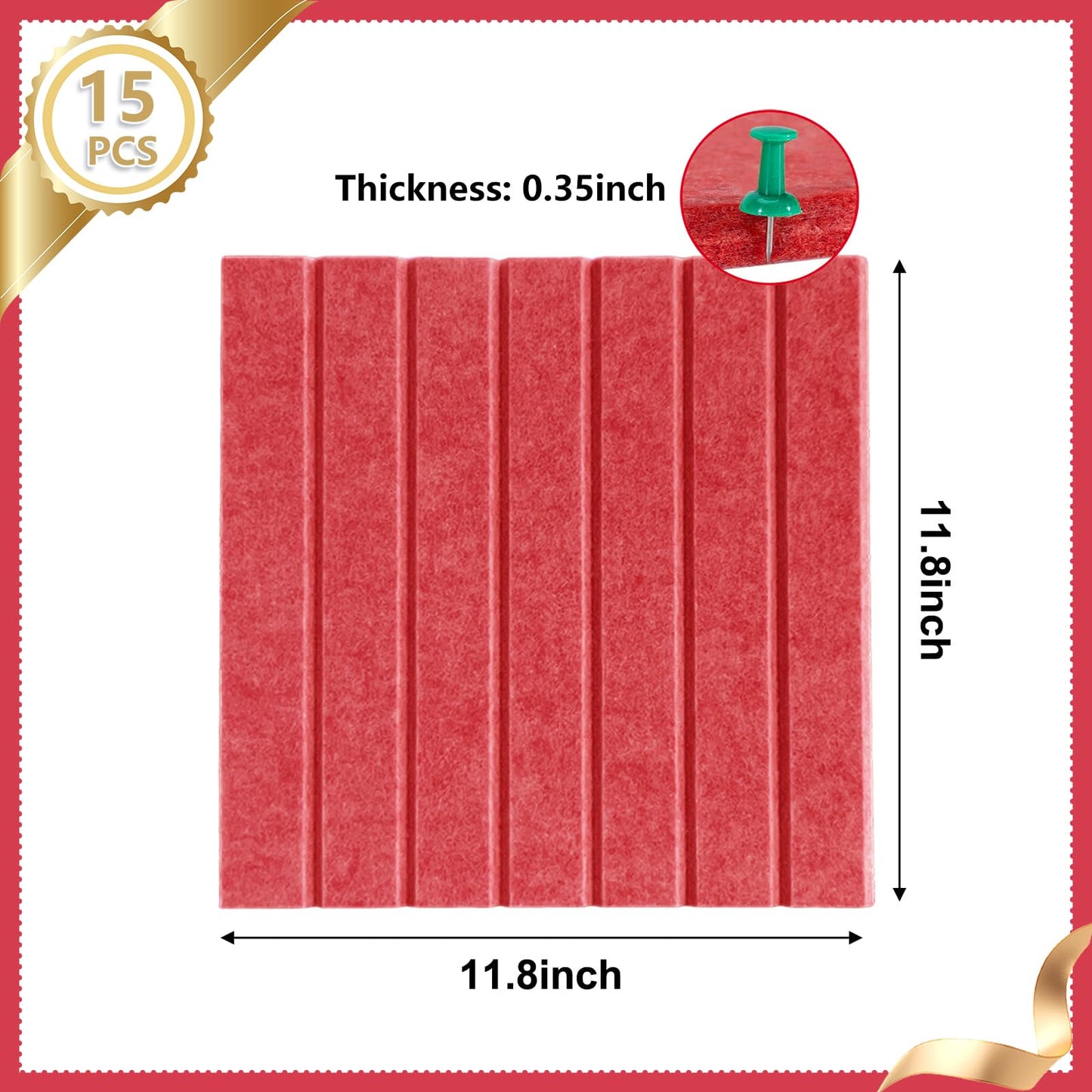 15 Pack Felt Bulletin Board, 35" x 59" Large Red Pinboard with 30 Push Pins, Felt Pin Board, Self-Adhesive Cork Board Tiles for Home, Office Walls, School Classroom Message Photos Display