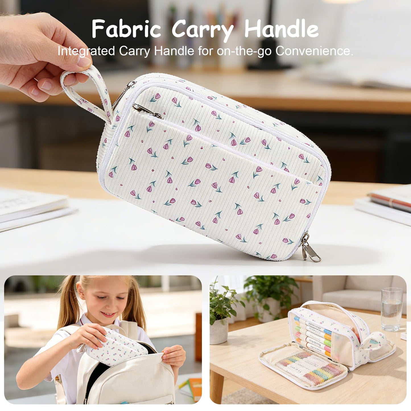 BuyCard Big Capacity Pencil Case, Corduroy Fabric, White with Purple Floral Pattern, Pencil Bag with Zipper Closure, Graduation Gift Office Stationery Storage Pen Pouch