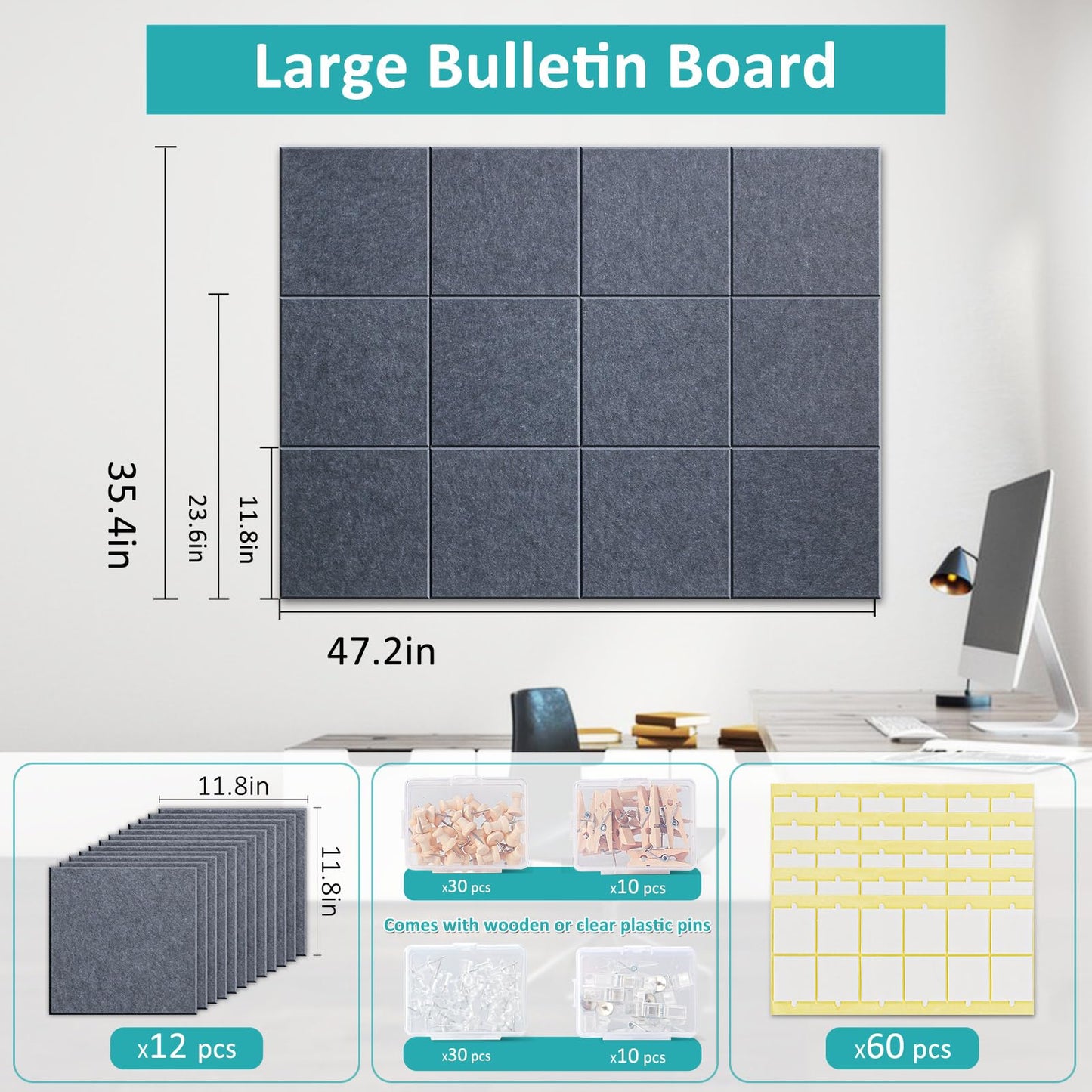 Bounmer Large Cork Bulletin Board - 48" x 36" Cork Board for Walls - 12 Pack Felt Tiles, 60 Removable Safe Adhesive Tabs & 30 Pushpins - for Office, School, Home Decor (Grey)