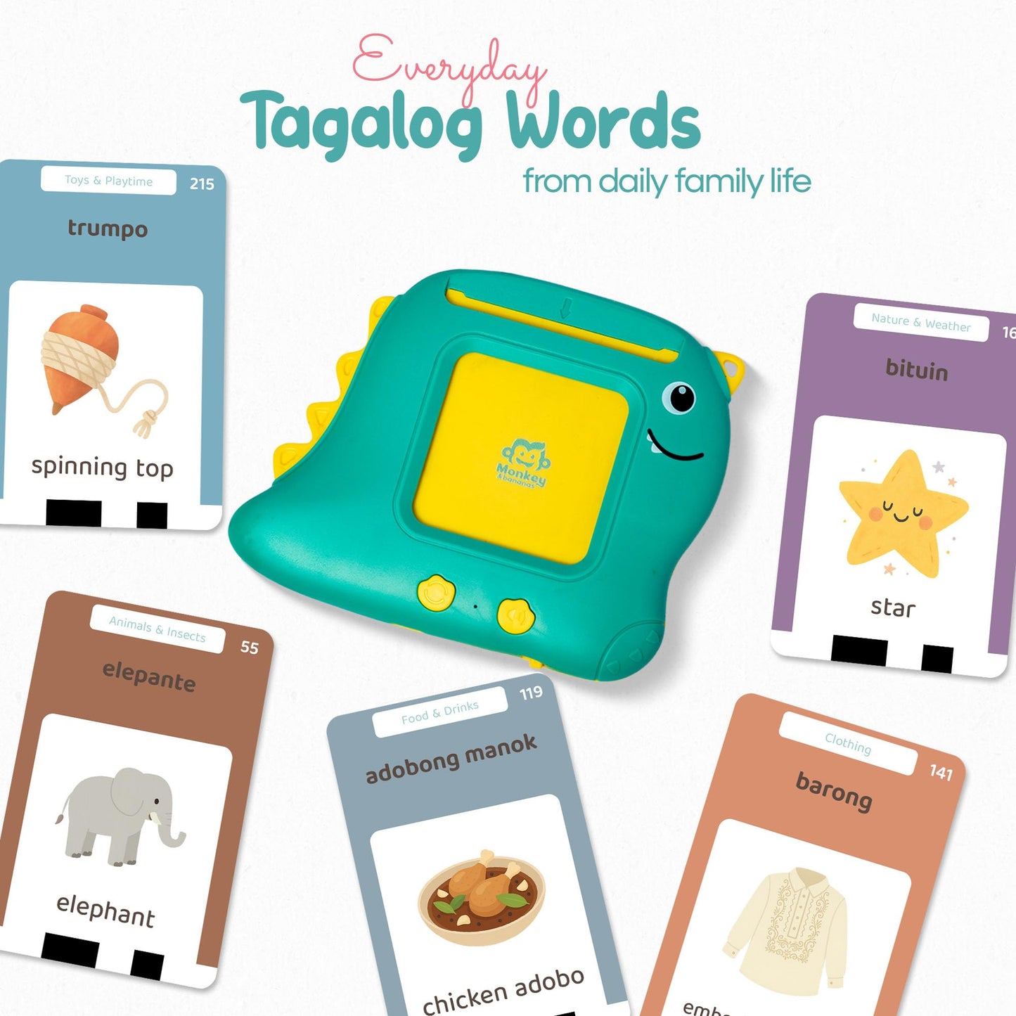 Monkey & Bananas Tagalog (Filipino)–English Talking Flash Cards | Bilingual Toy for Toddlers & Beginner Learners | 224 Words, 18 Themes | Screen-Free Educational Gift | Ages 2–6