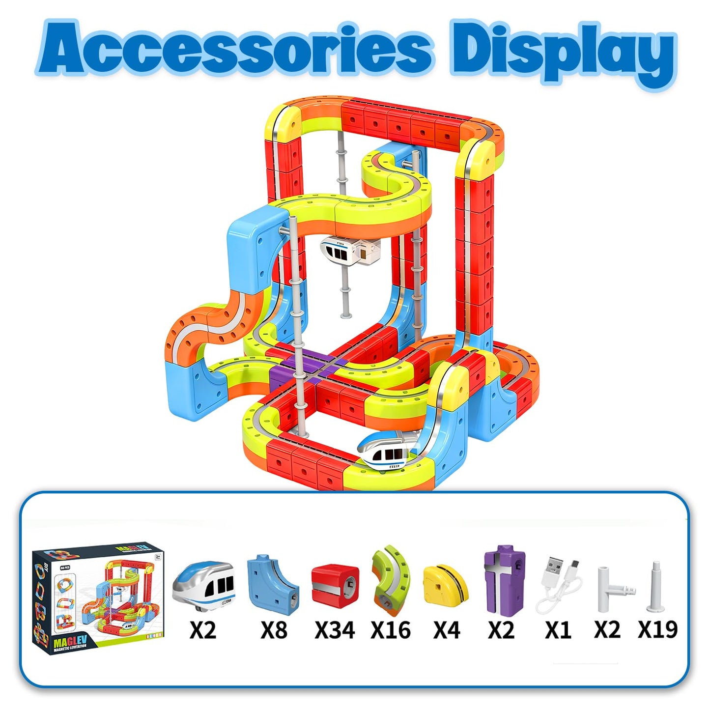 3D Infinity Cube Track Magnetic Electric Train Set for Kids 4 6 7 8,Toy Vehicle Playsets for Toddlers 3-5 Train Set Learning Gift,88 Pcs/2 car