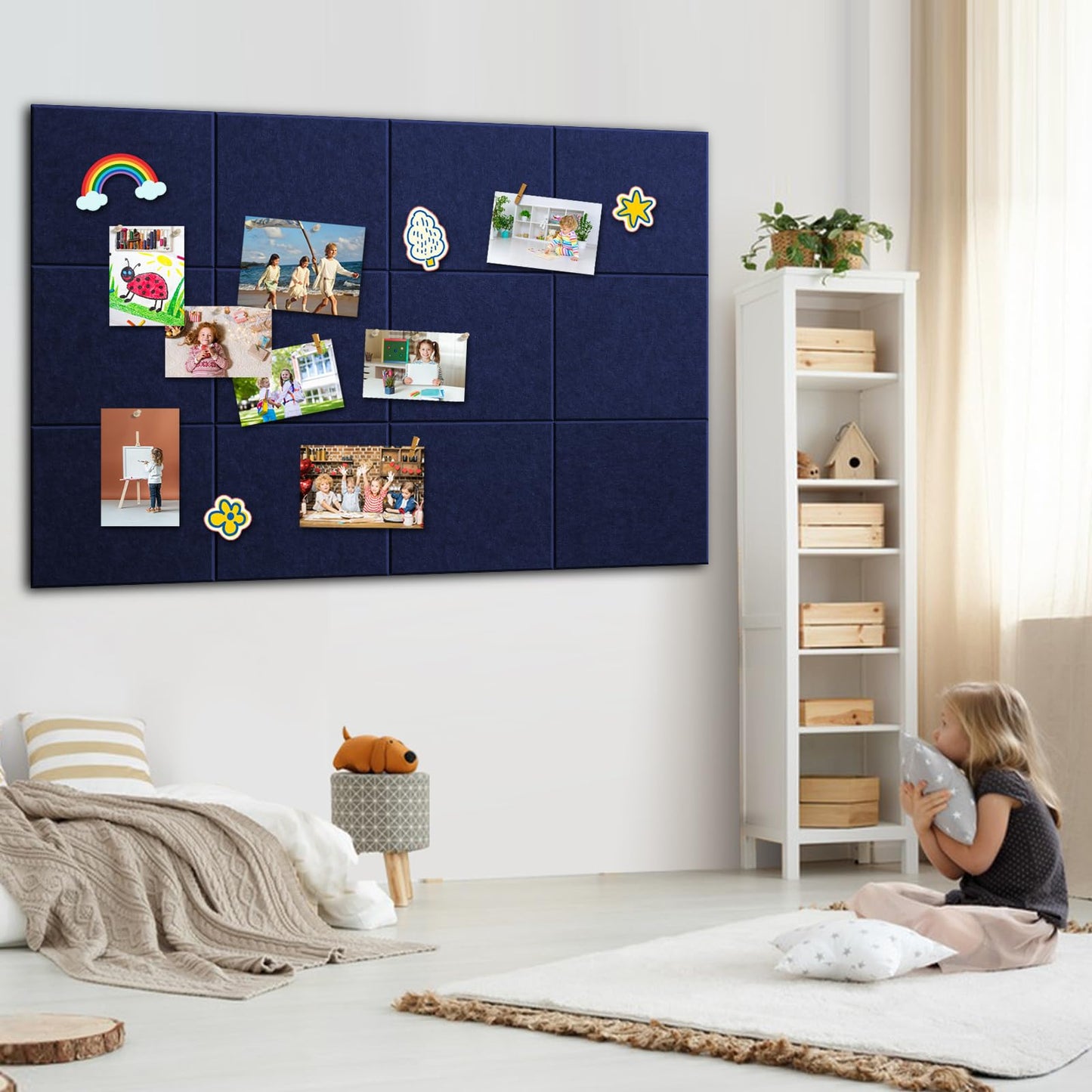 Bounmer Large Cork Bulletin Board - 48" x 36" Cork Board for Walls - 12 Pack Felt Tiles, 60 Removable Safe Adhesive Tabs & 30 Pushpins - for Office, School, Home Decor (Navy Blue)
