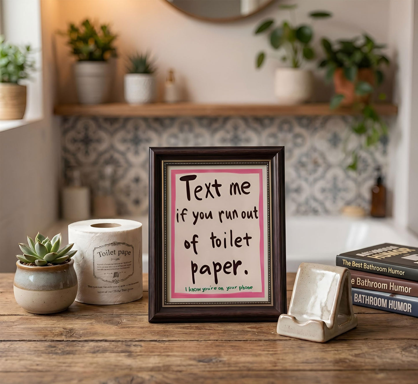 Dark Brown Framed Funny Bathroom Quotations Canvas Wall Art Message Me If You'Re Out Of Toilet Paper Wall Decor Picture Pink Humor Bathroom Poster Print for Toilets And Restrooms. Prepare To Hang