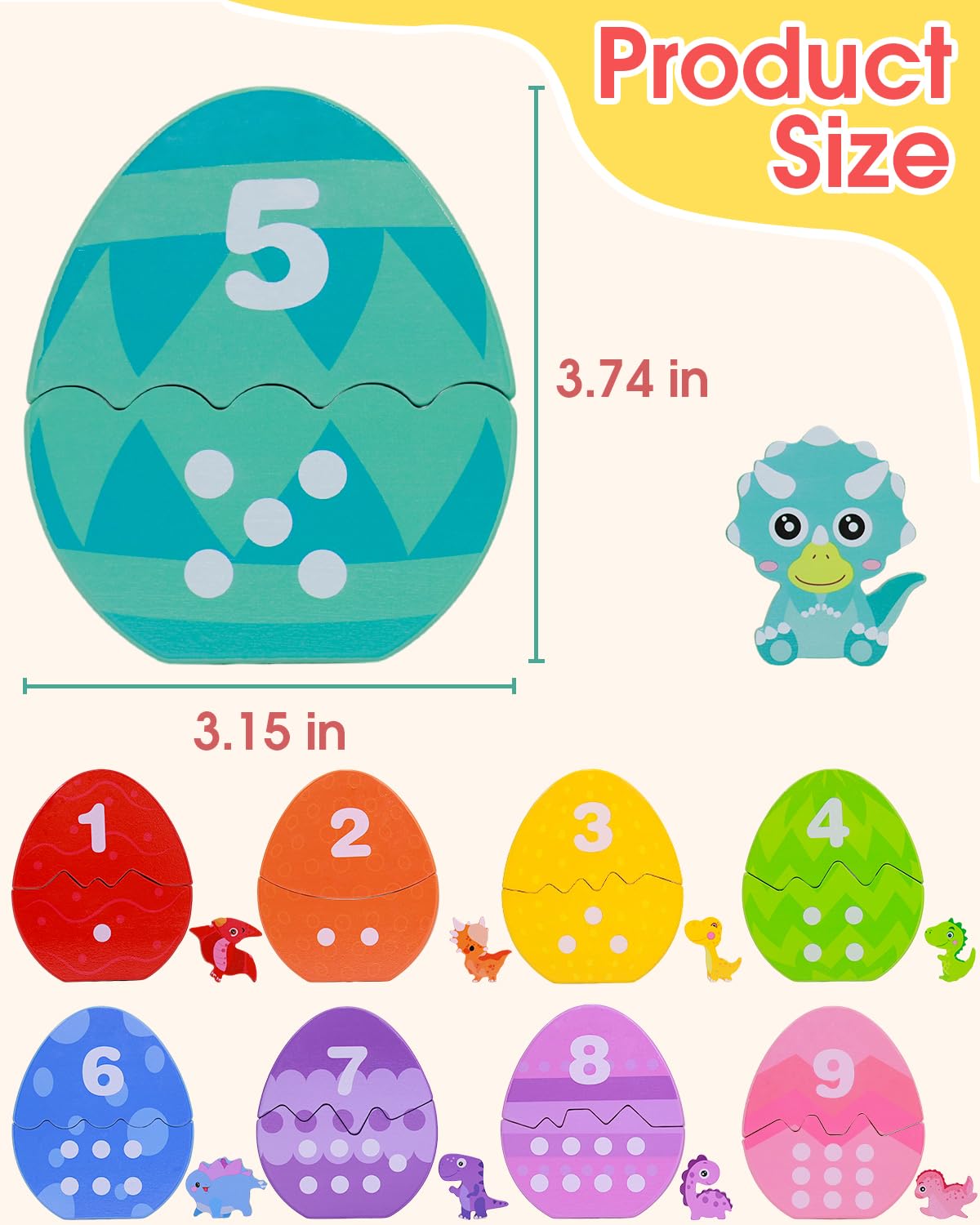 OEUVI Toddlers Learning Toys Wooden Number Counting Montessori Educational Toys Matching Eggs Dinosaur Toys Sorting Fine Motor Games Christmas Birthday Easter Gift for Kids Boys Girls Ages 3+