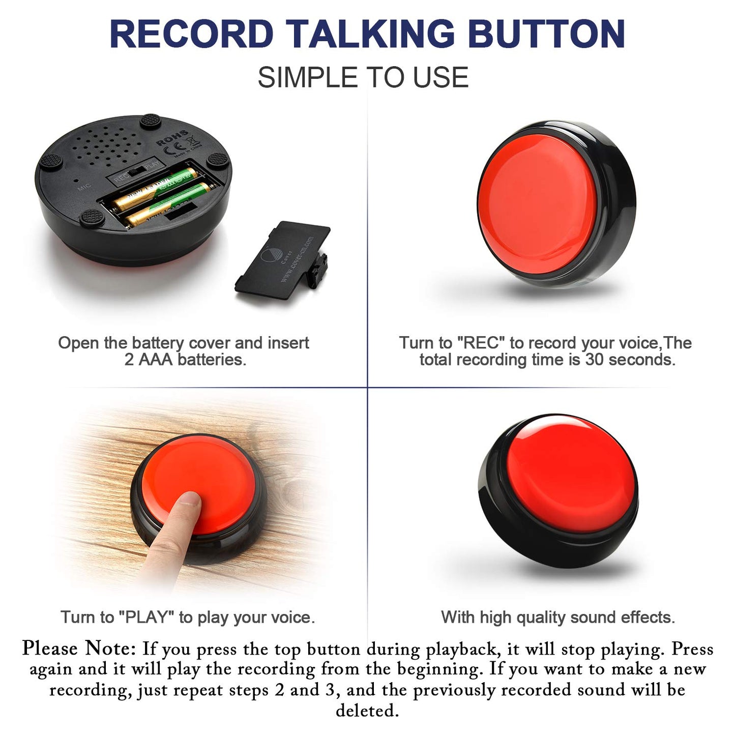 Record Talking Button Easy Button Recording Voice Button Funny OfficeToys Multifunctional Dog Buttons Talk for Communication-Classroom-Friendly Recordable Sound Buttons Buzzer Button（Black+Red