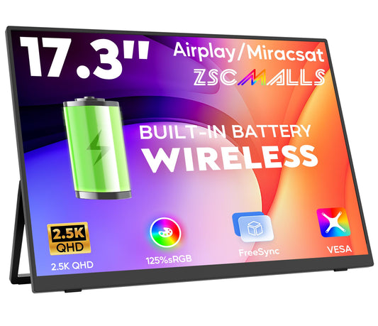 17.3" Wireless Portable Monitor with Built‑in 8000mAh Battery 4H, AirPlay & Miracast, 2.5K QHD 2560x1400 IPS Matte HDR, 125% sRGB, 500 Nits, VESA, Auto Rotation for Phone/Tablet, USB‑C & Mini HDMI