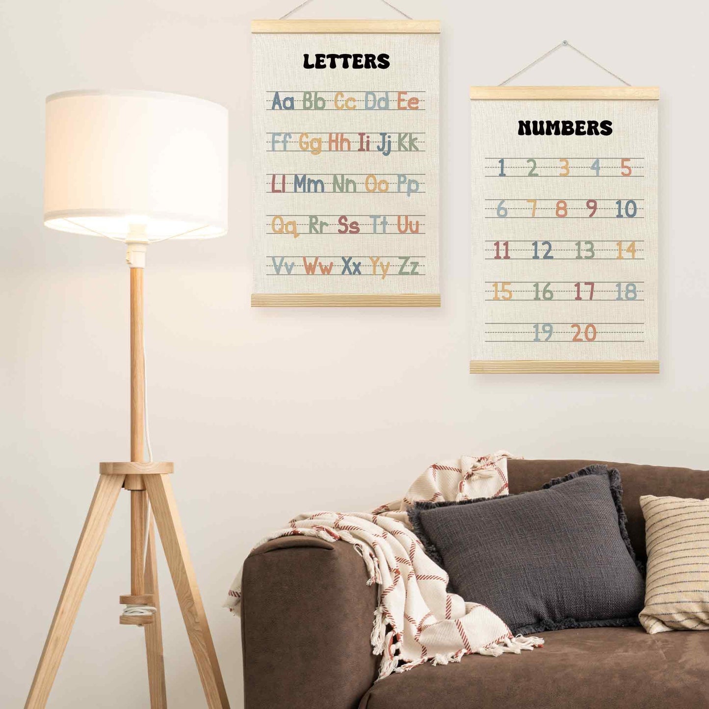 TLESKE Alphabet ABC Numbers Chart Poster Hanger Frame for Toddler Kid Classroom Set of 2, Homeschool Hanging Wall Art Decor for Nursery Playroom, Preschool Prek Learning Educational Poster, 16x24