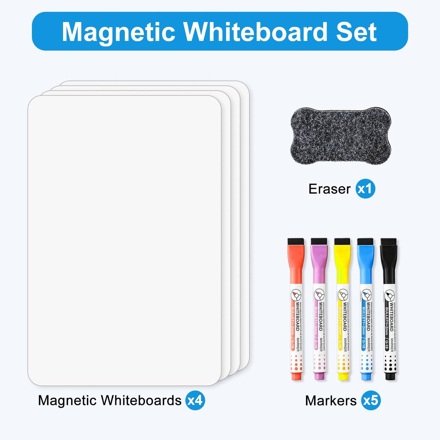 Magnetic Whiteboard for Fridge, 4-Pack Dry Erase Boards (12×8 in) with 5 Markers & Eraser, Strong Magnet & Stain-Resistant Surface, Reusable Message Board for Fridge, Family Planner & Kitchen Notes