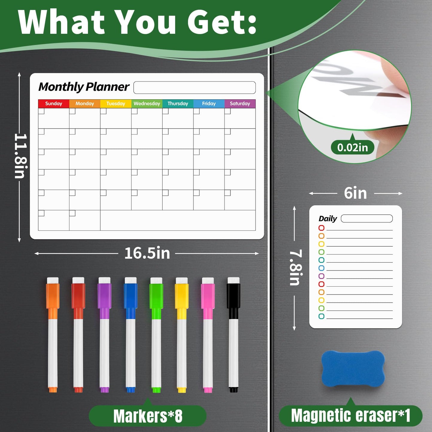 FINDMAG 4 Pack Magnetic Whiteboard for Fridge, 16.5"x11.8" Magnetic Calendar for Planner 2026, Kitchen White Board, Fridge Calendar for Cleaning Schedule and Checklist(1 Eraser, 8 Markers)