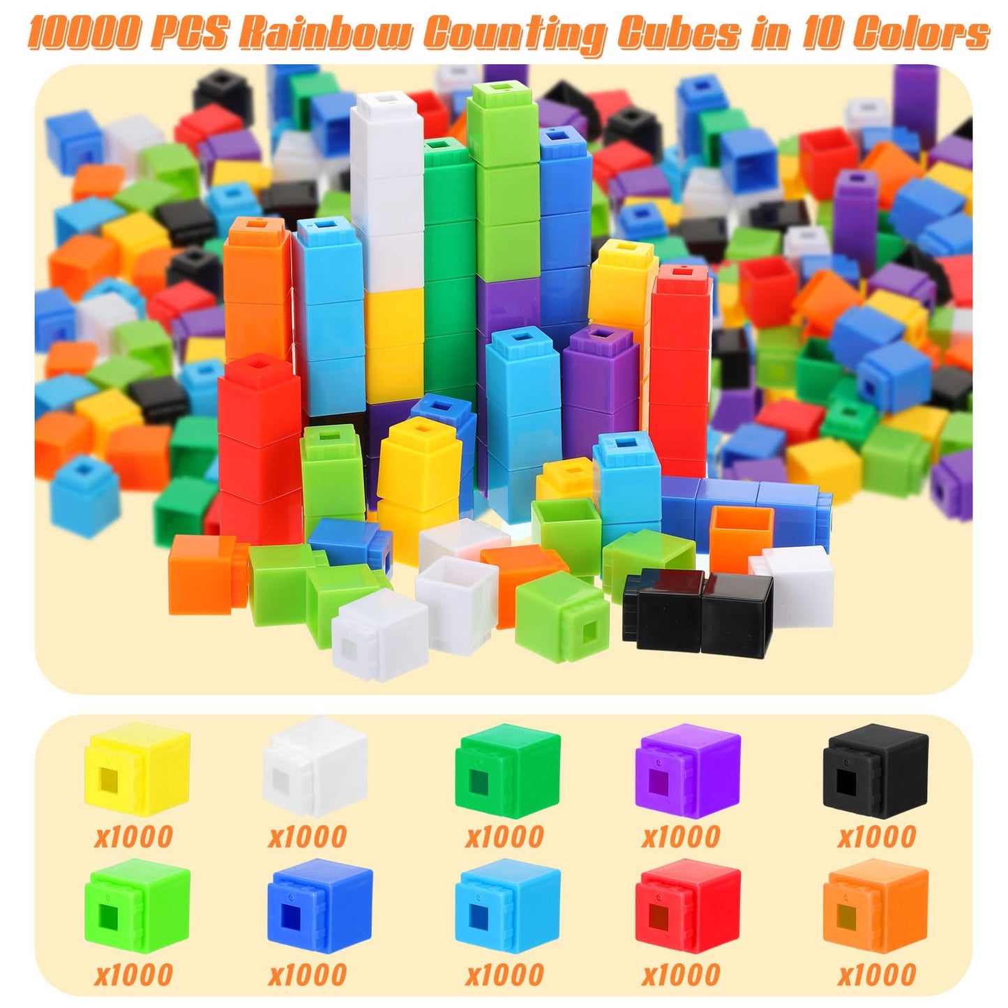 Jenaai 1000 Pieces Linking Counting Cubes, Plastic Counting Blocks, Colorful Math Cubes, Math Manipulatives Classroom Learning Supplies for Preschool Activities Boys Girls(Simple Style)