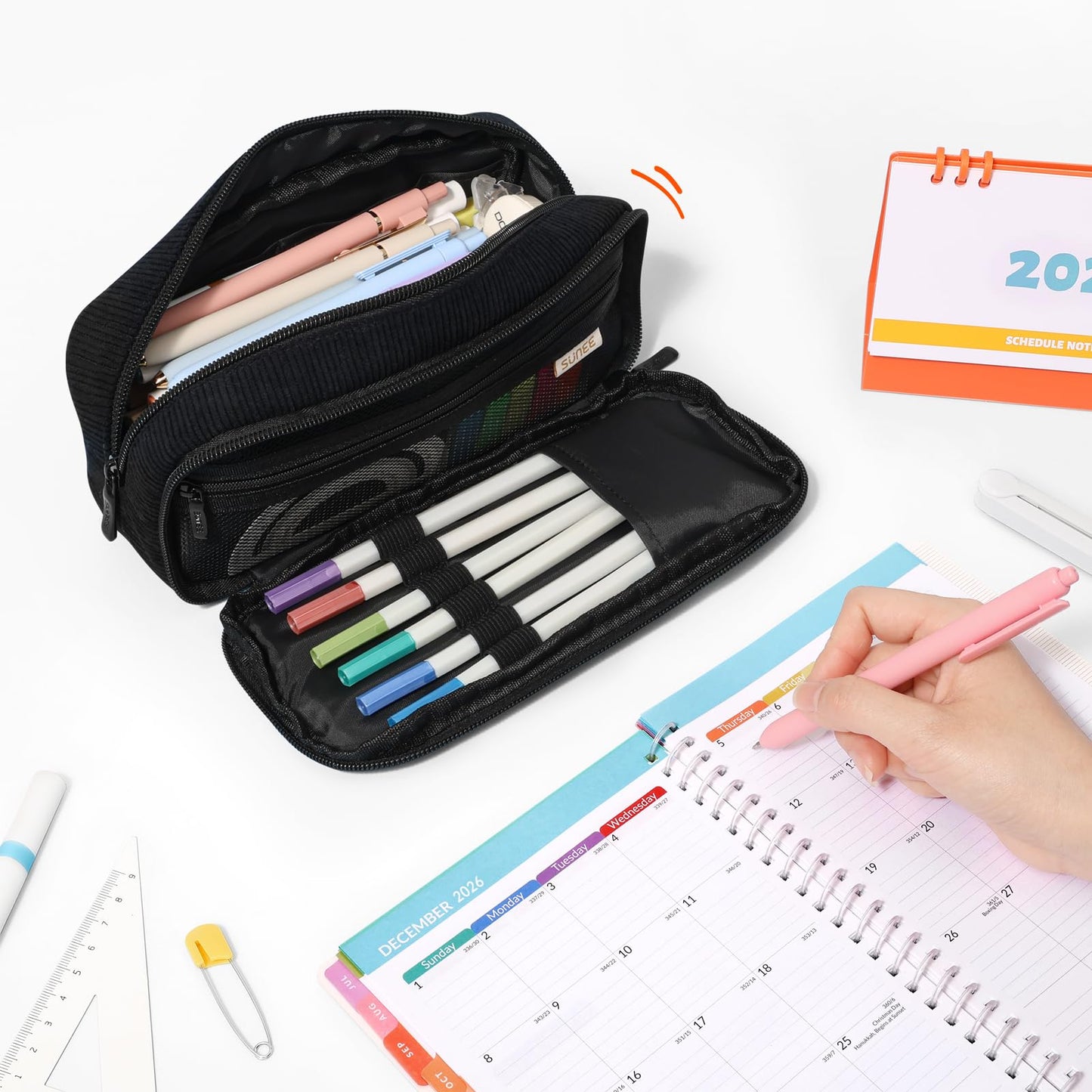 SUNEE Pencil Case, Large Capacity Pencil Pouch, Aesthetic Big Pen Bag, Soft Corduroy Pen Box for Office Stationery Organizer School Supplies Multifunctional for Teen Boys Girls Women Men, Jet Black