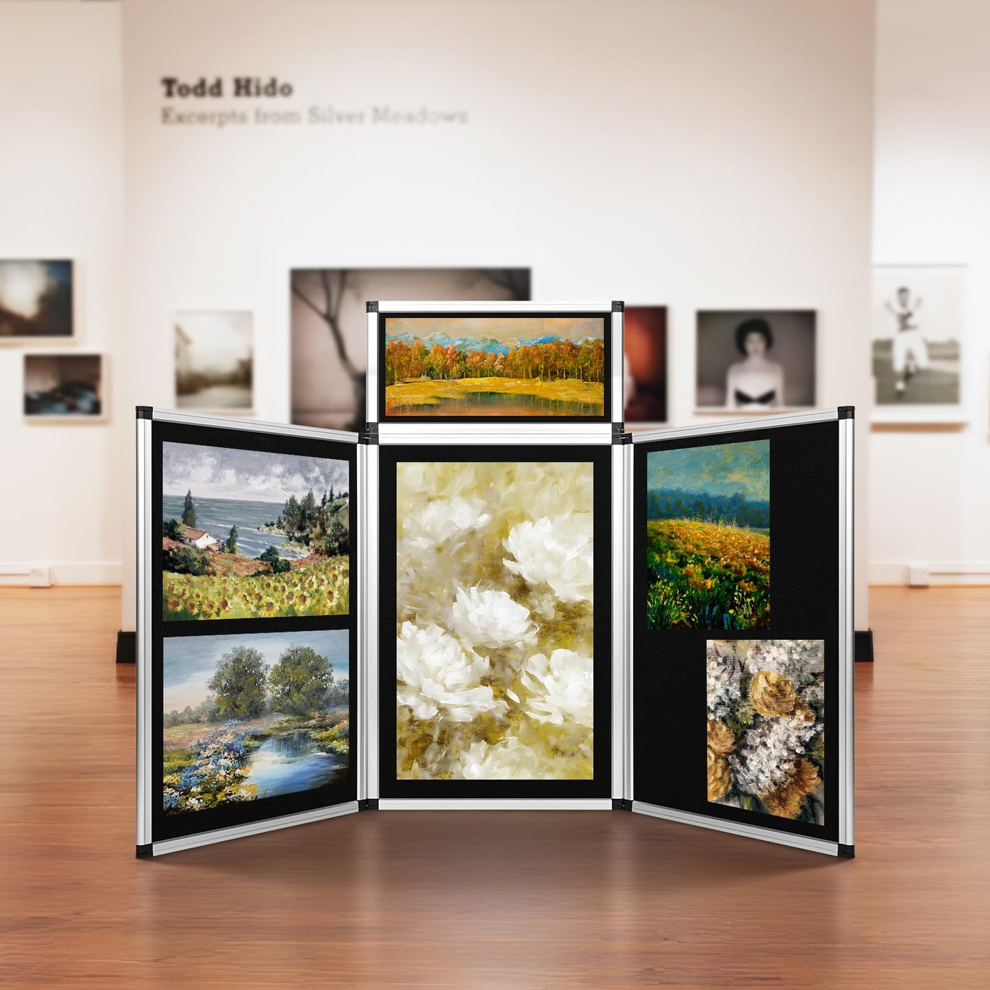 Nisorpa 3+1 Panel Folding Trade Show Presentation Board 70.8“ x 35.4” Trifold Desktop Display Board with Carry Bag Large Metal Frame Tabletop Display 4 Panels-Black