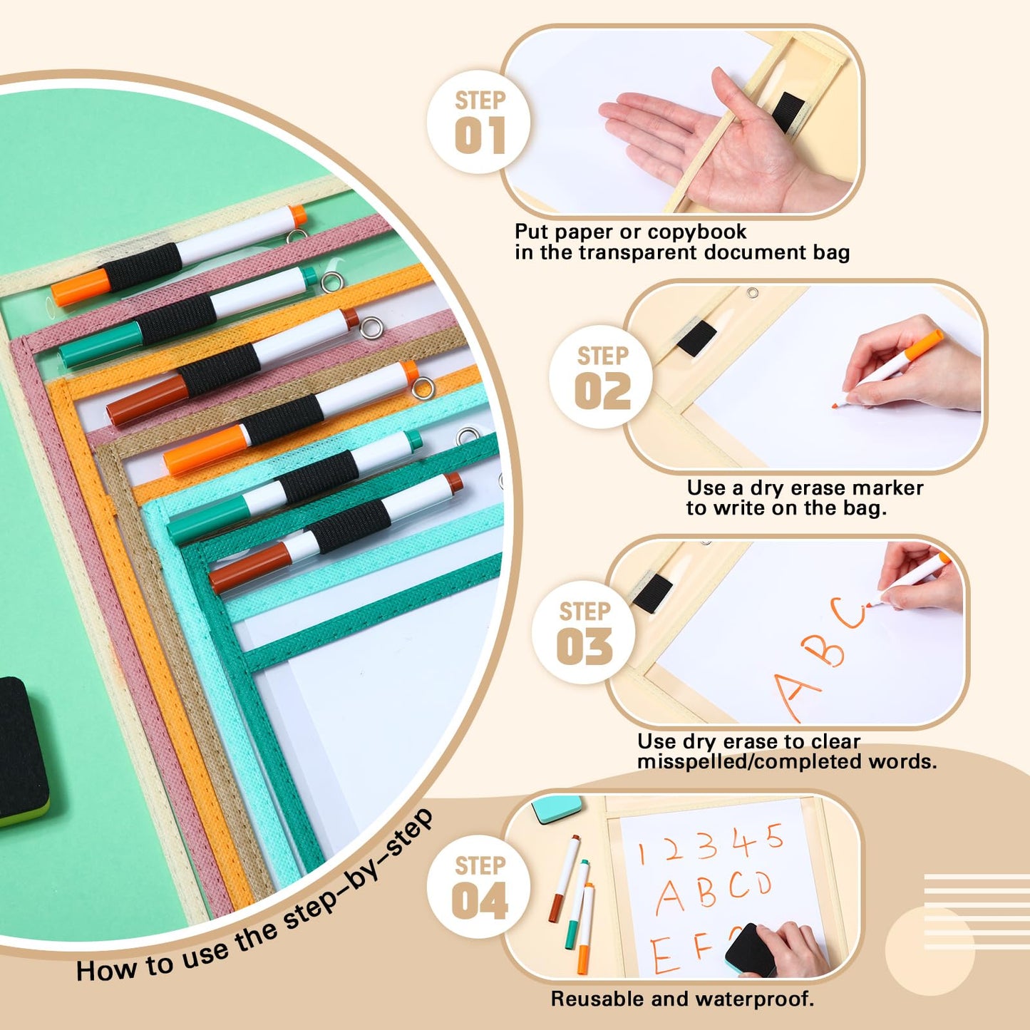 Watersay 24 Pcs Dry Erase Pocket Reusable Sleeves 10" x 14" Clear Plastic Sheet Protectors with Markers and Mini Dry Erasers for Paper(Boho)