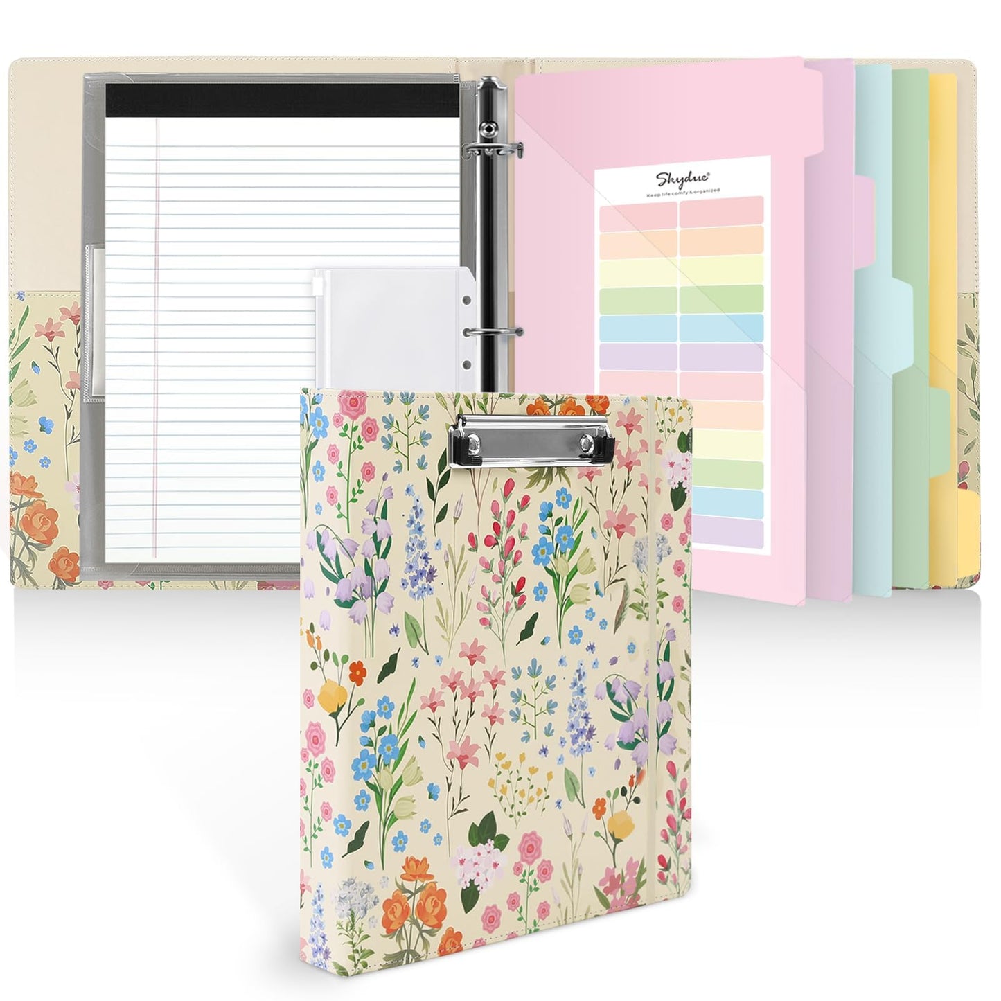 SKYDUE 1 Inch 3-Ring Binder with Clipboard, PU Aesthetic Binder with 5 Dividers, Notepad, Stickers & Pockets for Work and School (Letter Size)