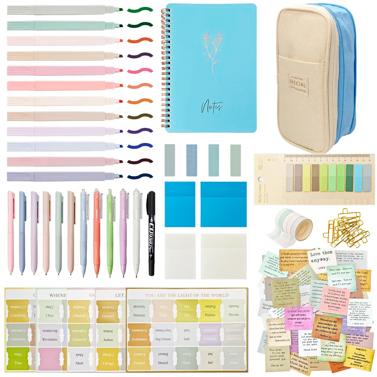 Piemow Bible Study Supplies - Bible Journaling Kit with Tabs, Highlighter, Notebook, Pen Case, Sticky Notes and More, Scripture Study Accessories for Women, Students, Beginner Christian Gifts
