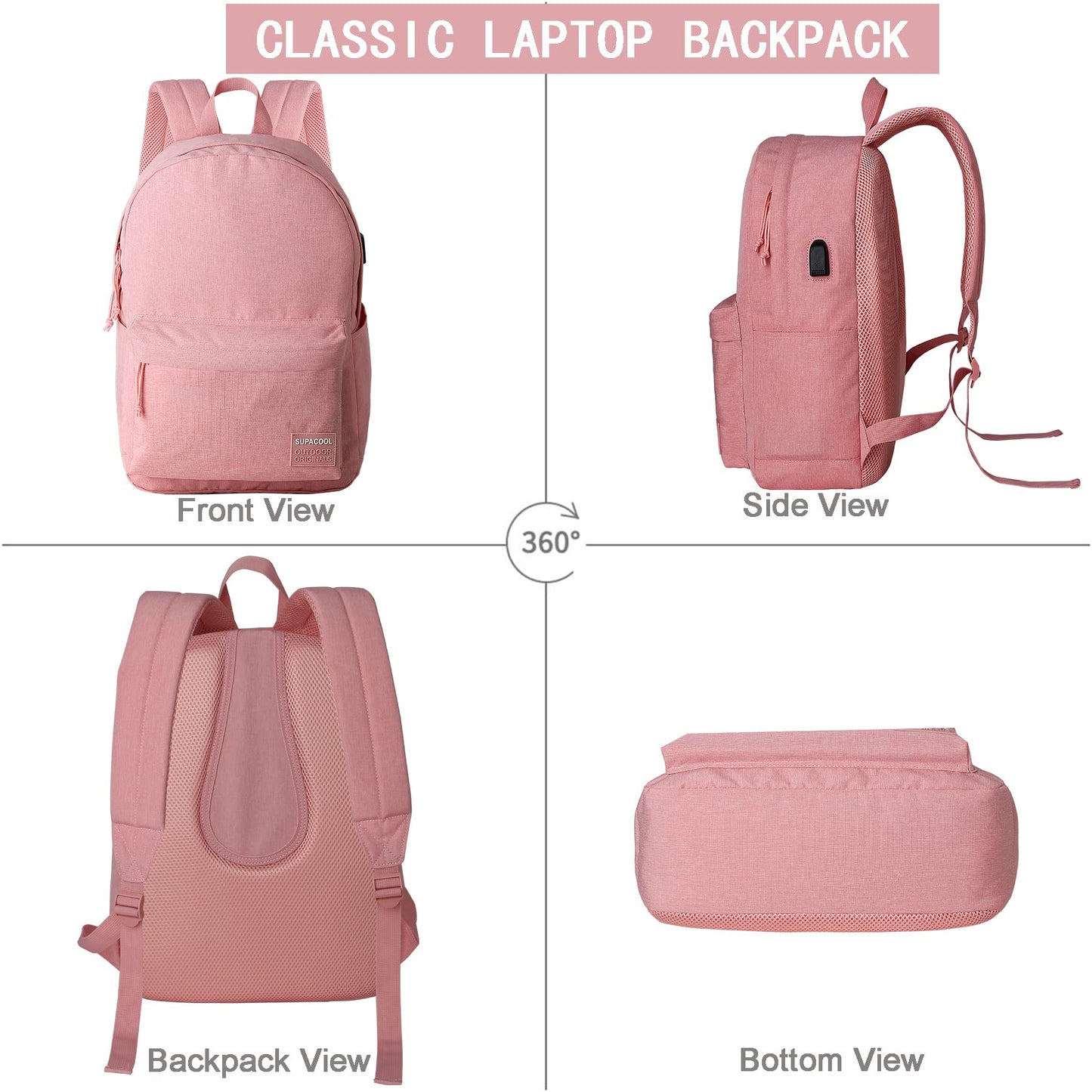 SUPACOOL Casual Laptop Backpack for Men and Women, Backpack for College, USB Charging Port, Lightweight Pack Back(Pink)