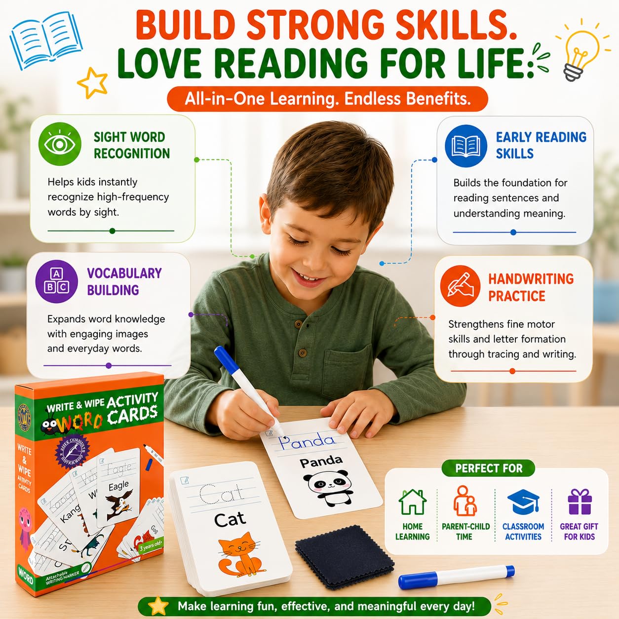 Write & Wipe Activity Cards for Kids, Reusable Tracing Flash Cards, Preschool Handwriting Practice Set, Letter Number Math Learning Activities Ages 3-6 (Sight Words)