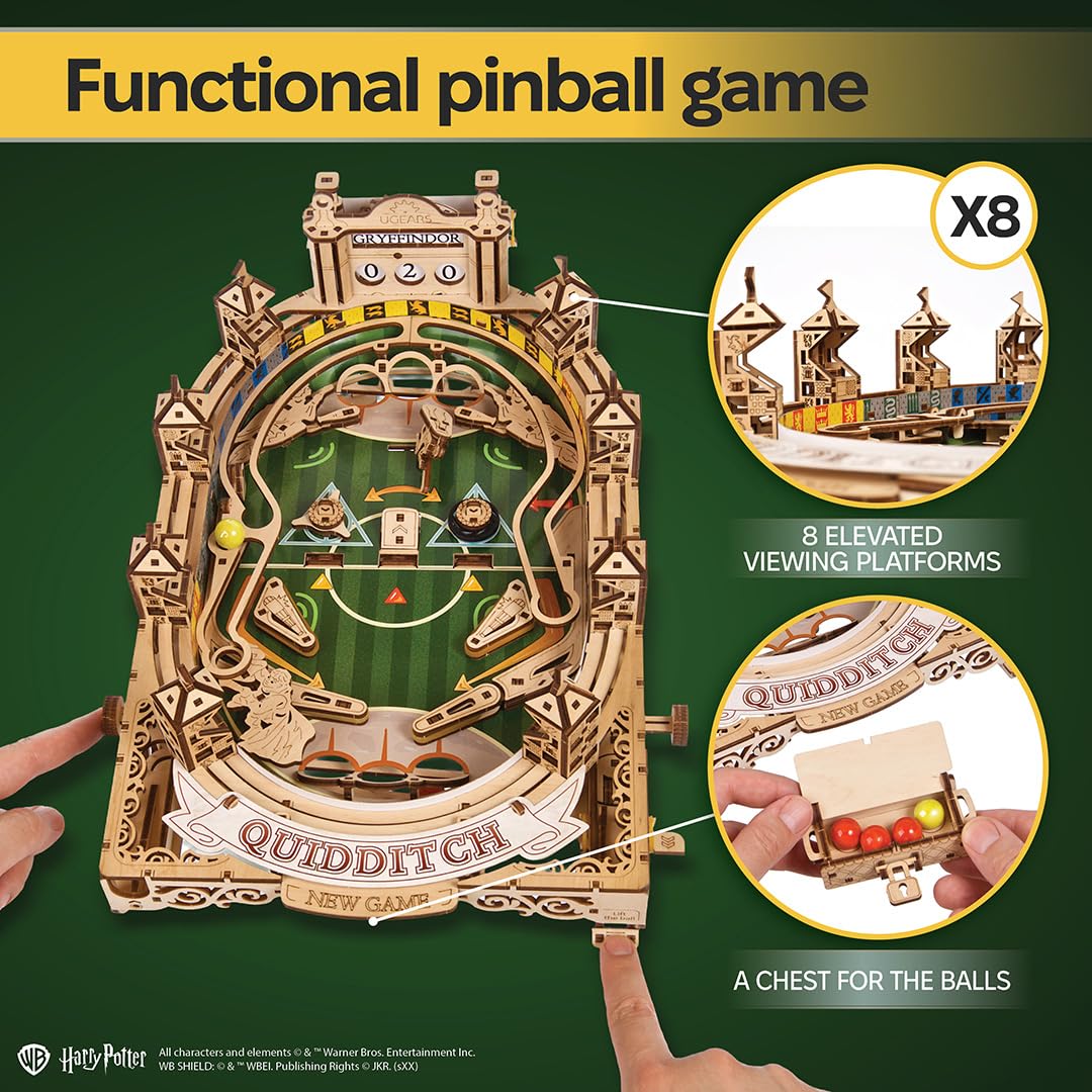 UGEARS Harry Potter Quidditch Pinball Machine - 3D Wooden Puzzles for Adults to Build, Mechanical Wooden Model Kits, Wood Brain Teaser Puzzles, Harry Potter 3D Puzzle Pinball Game for Fathers Day