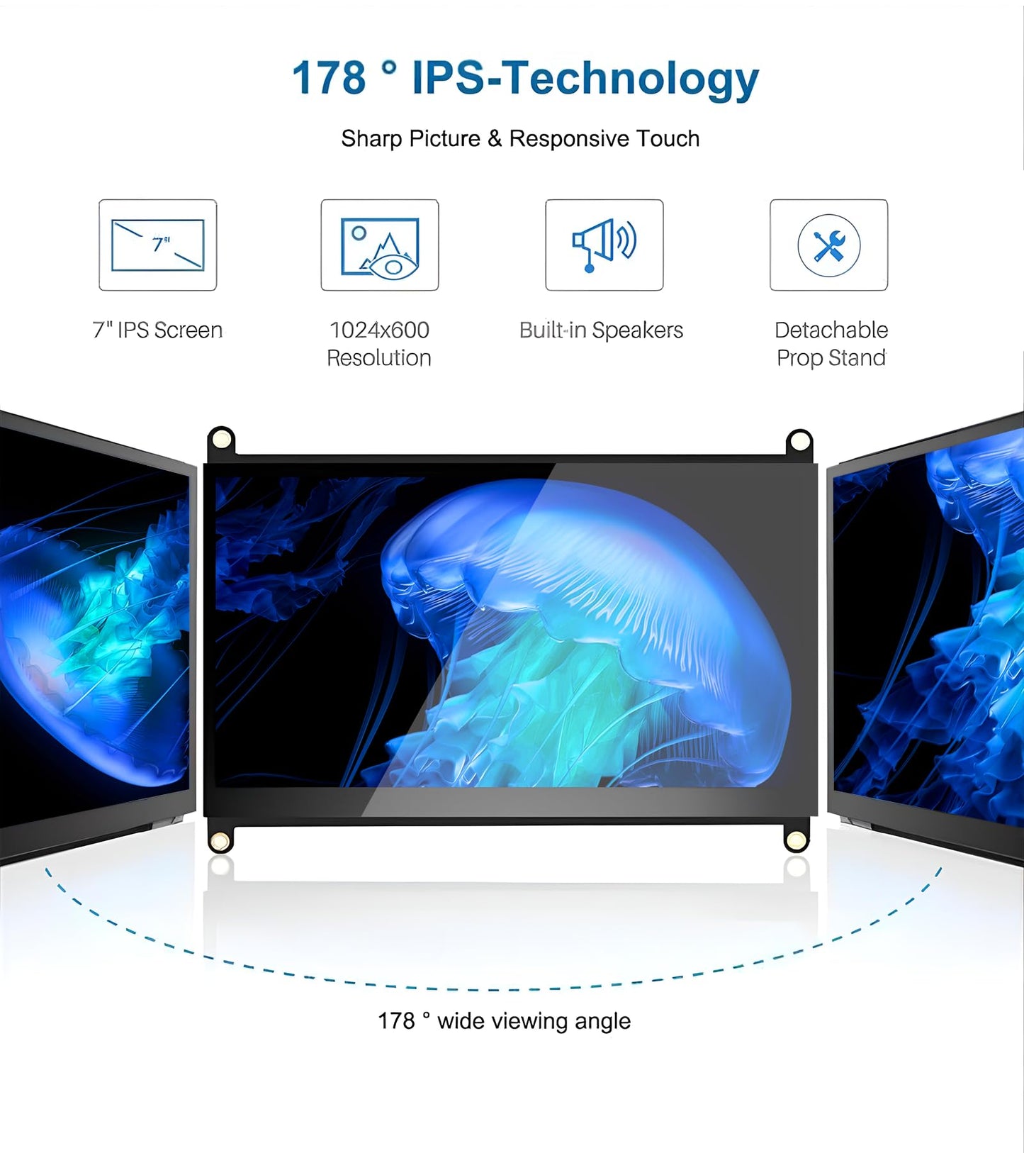 Prystivue 7 Inches Touchscreen Monitor, HD 1024×600 IPS LCD Capacitive Touch Screen Compatible with R Pi 4B/3B+/3B/2/1B+/Zero Ora Pi 5 Por/3 Plus/3B/4B Ban Pi and Windows 10/8/7 (CX-070-A3 US) 1