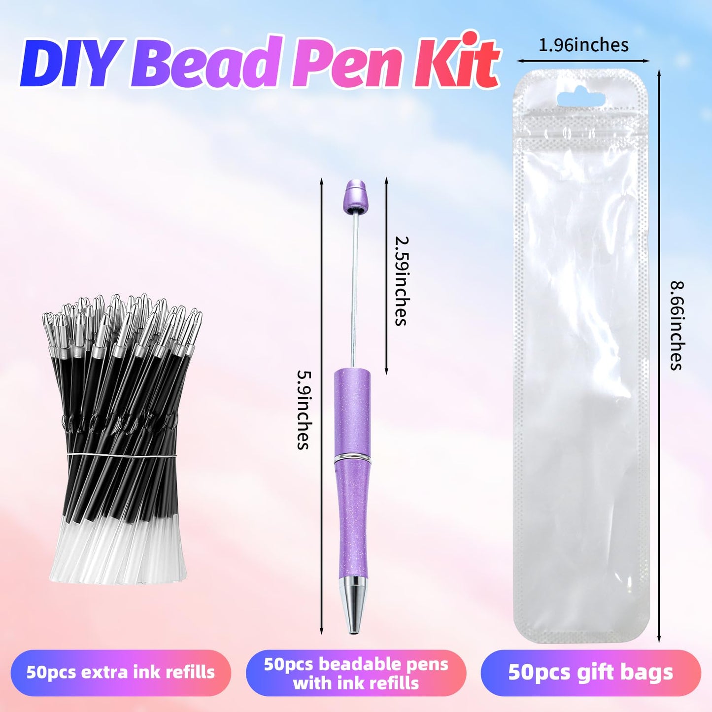 DASTTUIS 150 Pieces DIY Beadable Pen Kit – 50 Plastic Ballpoint Pens with Refills & Bags – School Supplies, Office Accessories & Decorative Items for Students & Teachers (Purple)